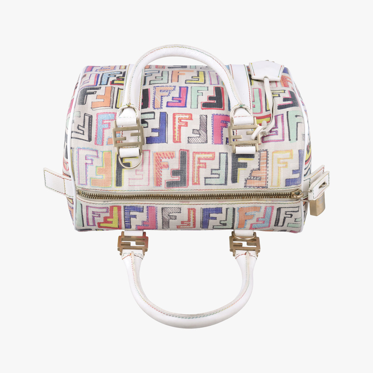 Pre-owned Fendi Zucca Boston White x Multicolor PVC coated canvas 8BL068 handbag | stylenewstar
