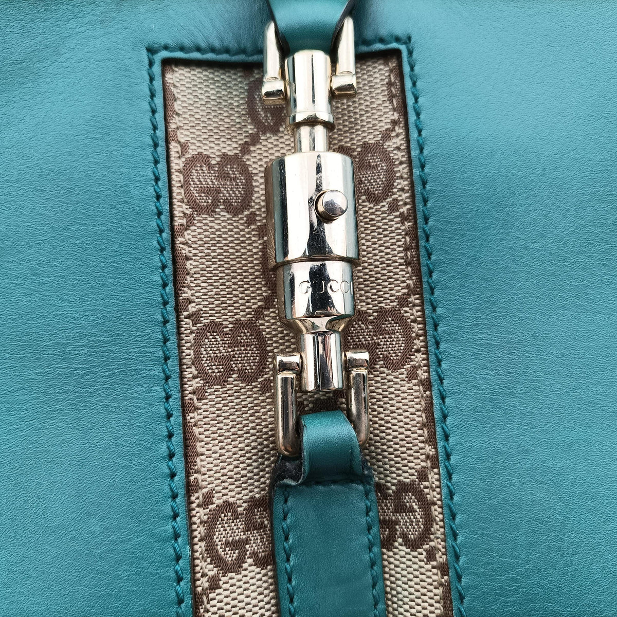 Pre-owned Gucci New Jackie Blue×Green Leather×canvas 124407 shoulderbag | stylenewstar