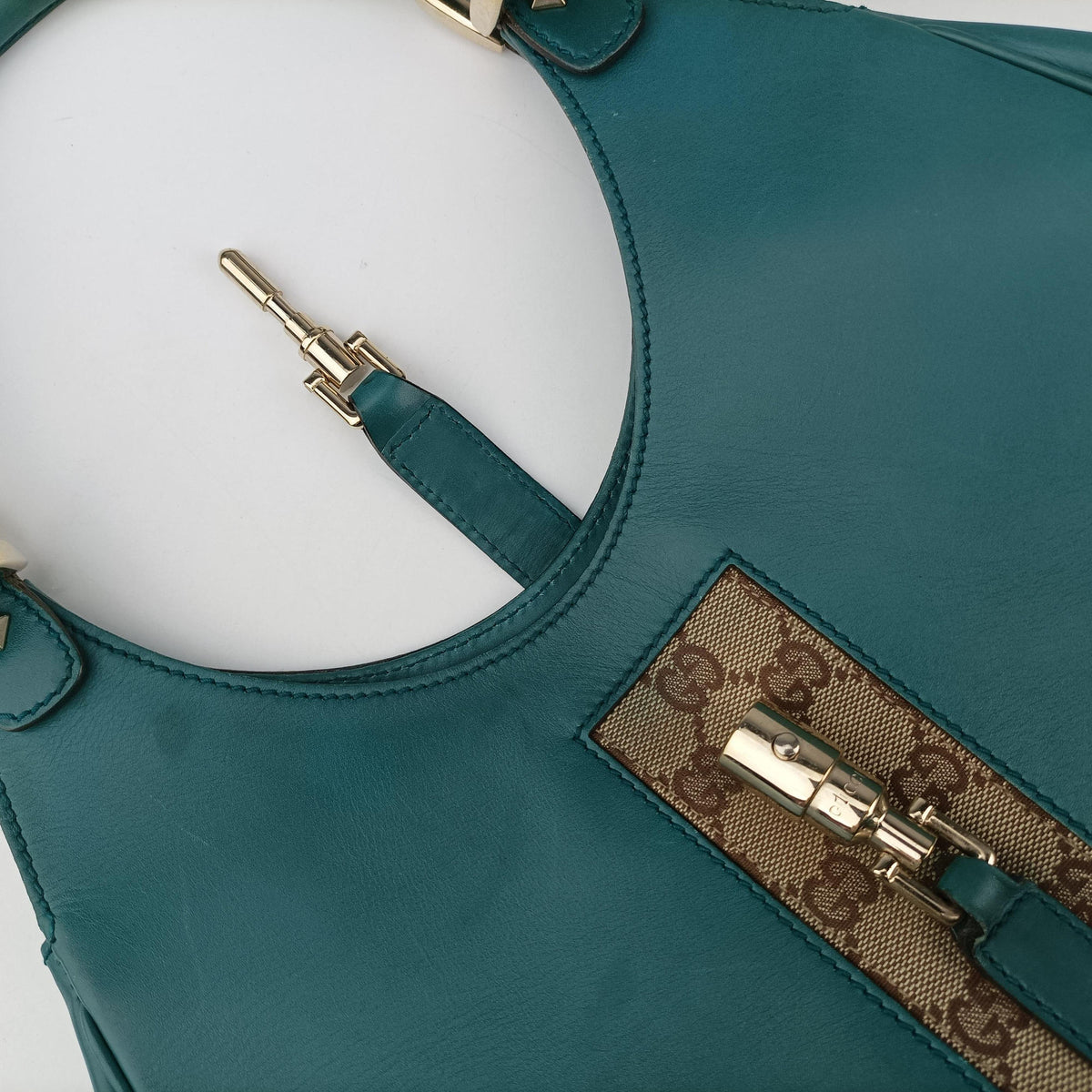 Pre-owned Gucci New Jackie Blue×Green Leather×canvas 124407 shoulderbag | stylenewstar