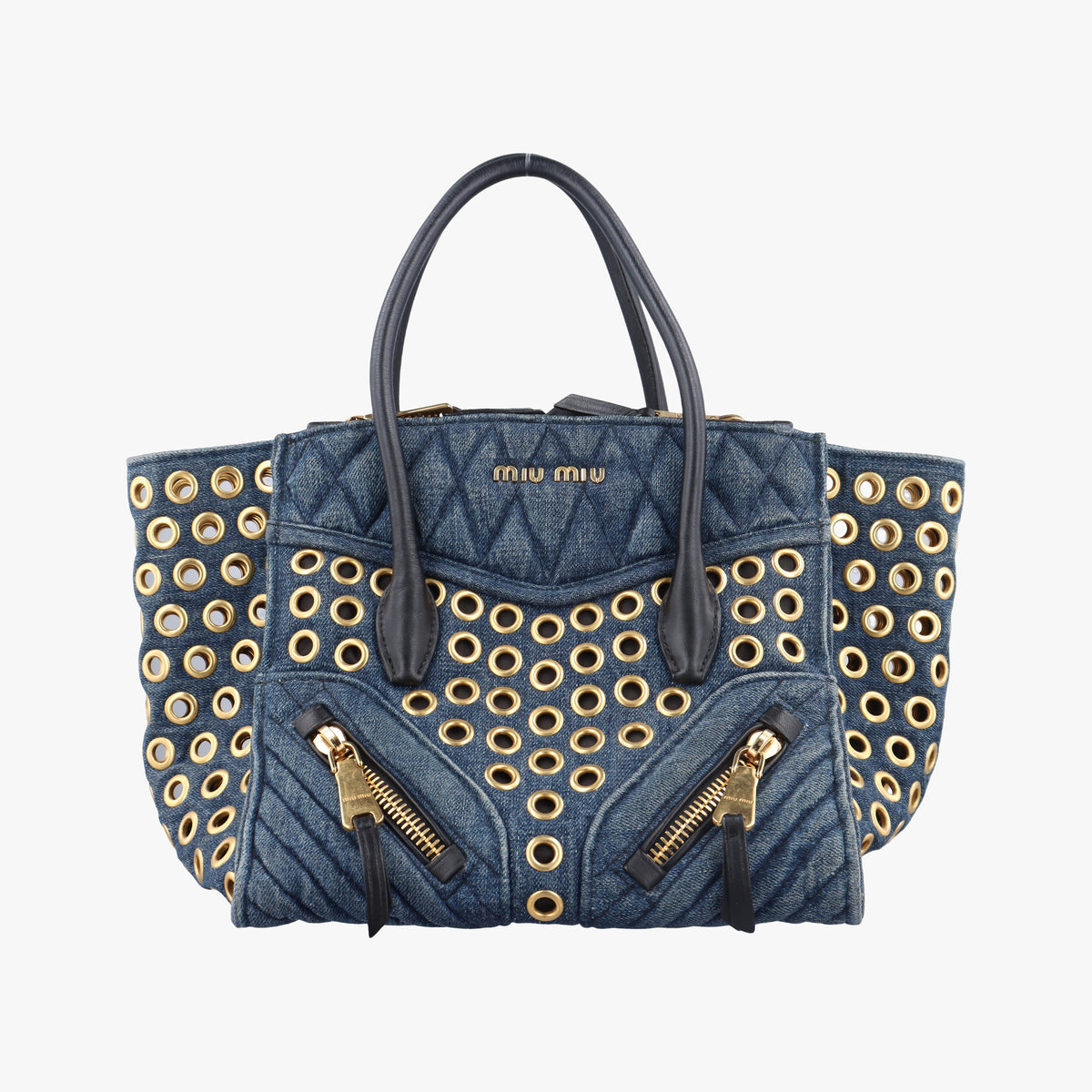 Pre-owned Miu Miu Biker Blue Leather x Denim  handbag | stylenewstar