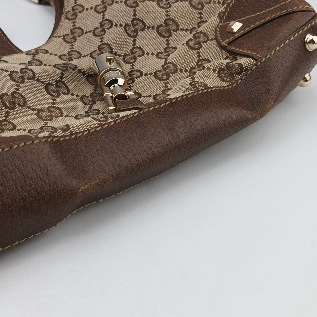 Pre-owned Gucci New Jackie Beige × Brown Canvas × Leather 124409 shoulderbag | stylenewstar