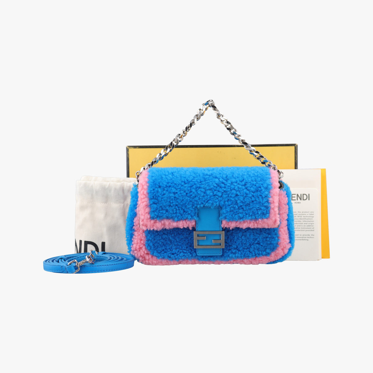 Secondhand Fendi Baguette Micro BLue x Pink Shearling 8M0354 shoulderbag | stylenewstar