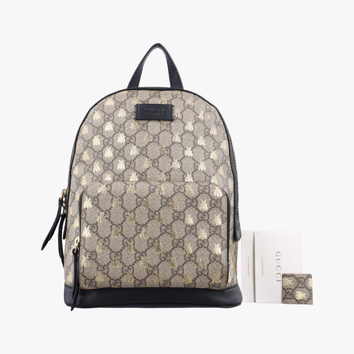 Pre-owned Gucci Bee GG Supreme beige×black PVC coated canvas×leather 427042 backpack/rucksack | stylenewstar