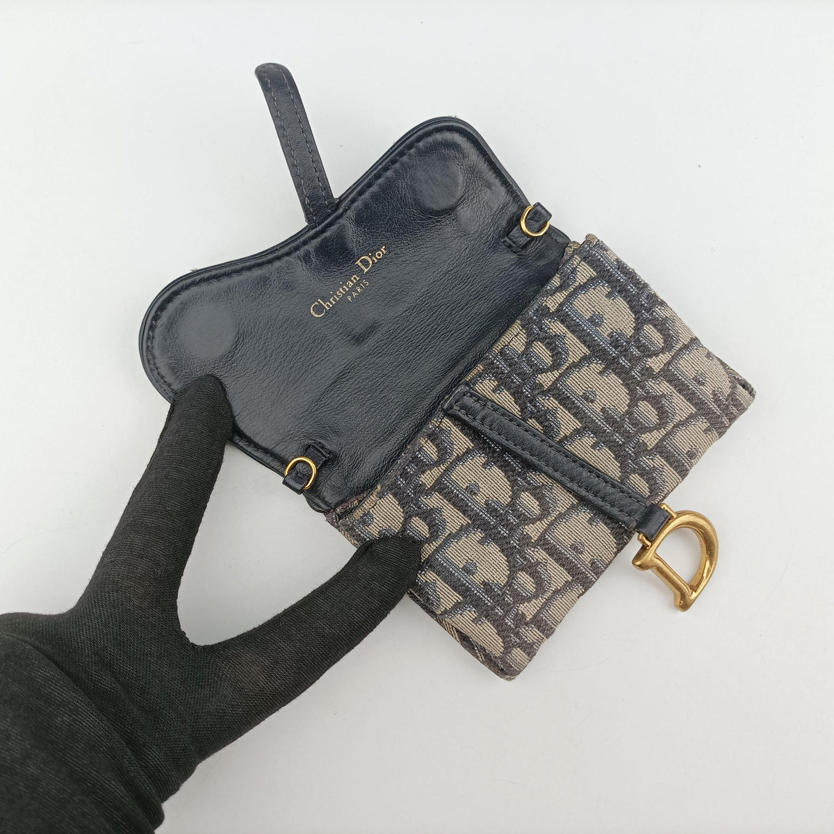 Pre-owned Christian Dior Saddle Navy×Gray jacquard×Leather  shoulderbag | stylenewstar