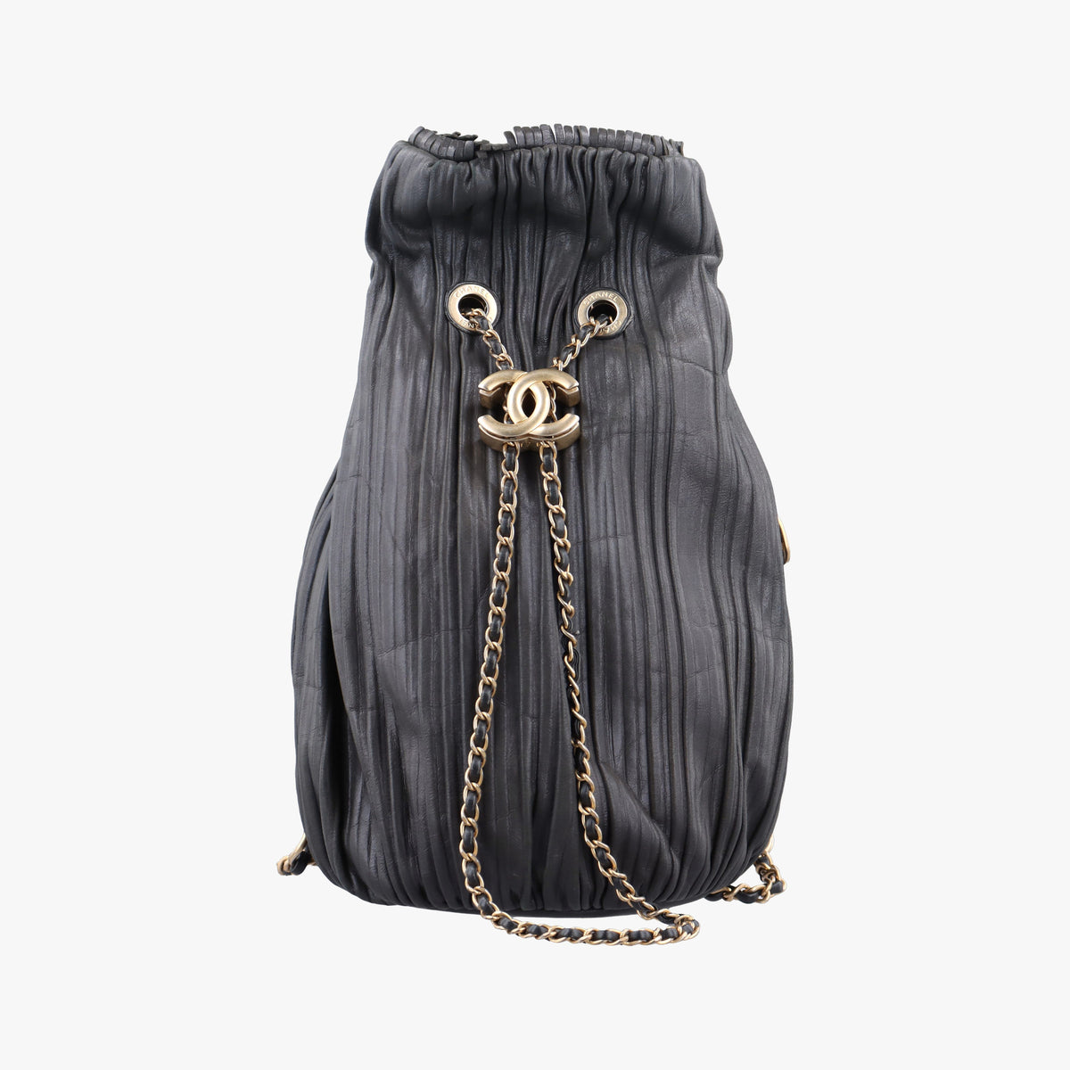 Pre-owned Chanel Coco Pleats Drawstring Black Leather  shoulderbag | stylenewstar