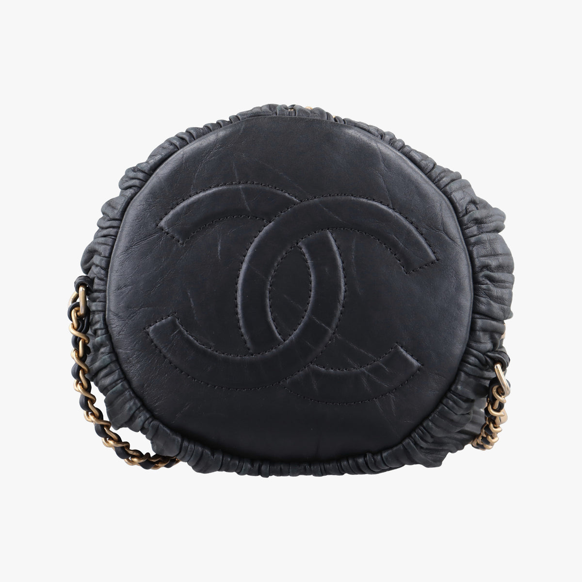 Pre-owned Chanel Coco Pleats Drawstring Black Leather  shoulderbag | stylenewstar