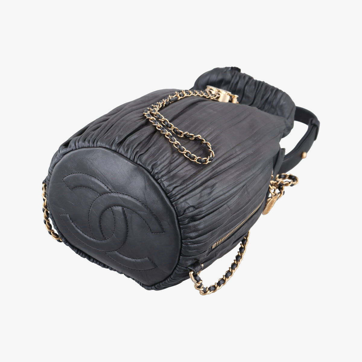 Pre-owned Chanel Coco Pleats Drawstring Black Leather  shoulderbag | stylenewstar