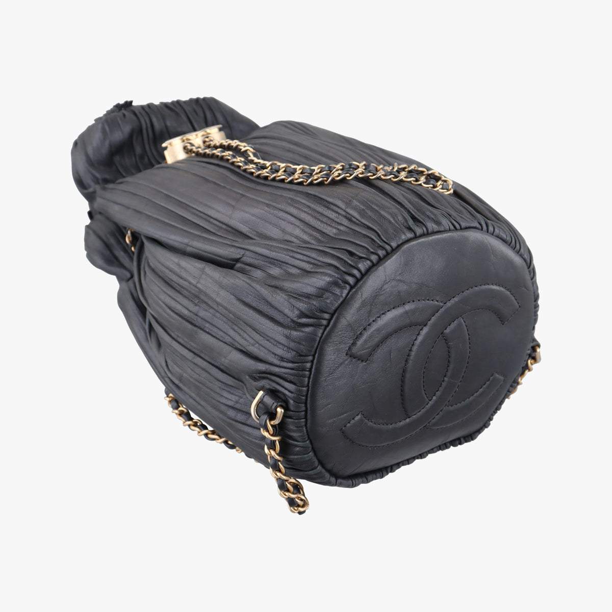 Pre-owned Chanel Coco Pleats Drawstring Black Leather  shoulderbag | stylenewstar