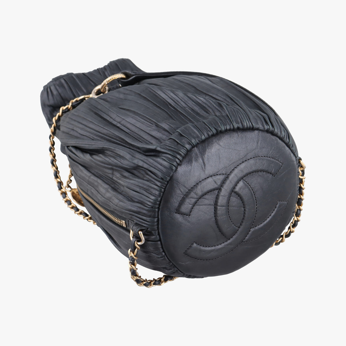 Pre-owned Chanel Coco Pleats Drawstring Black Leather  shoulderbag | stylenewstar