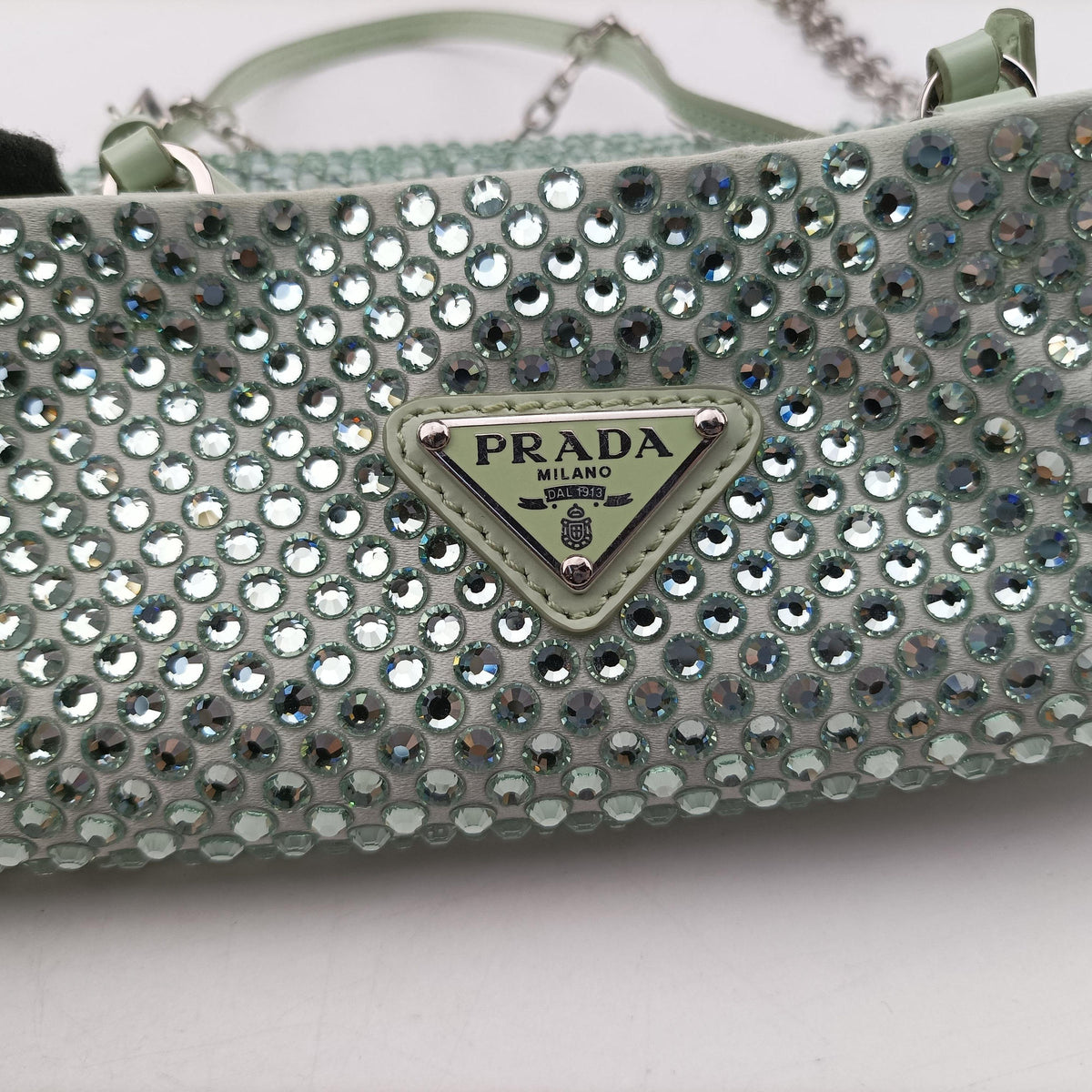 Vintage Prada Rosa Satin Crystal Mini Tote Green Rhinestone 1BA253 shoulderbag | stylenewstar