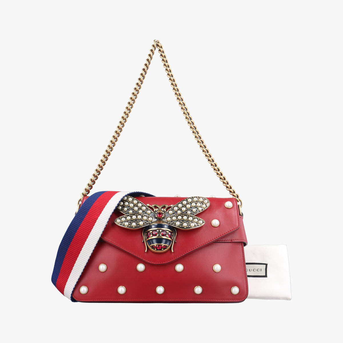 Pre-owned Gucci Broadway Pearl Bee Red Leather 453778 shoulderbag | stylenewstar