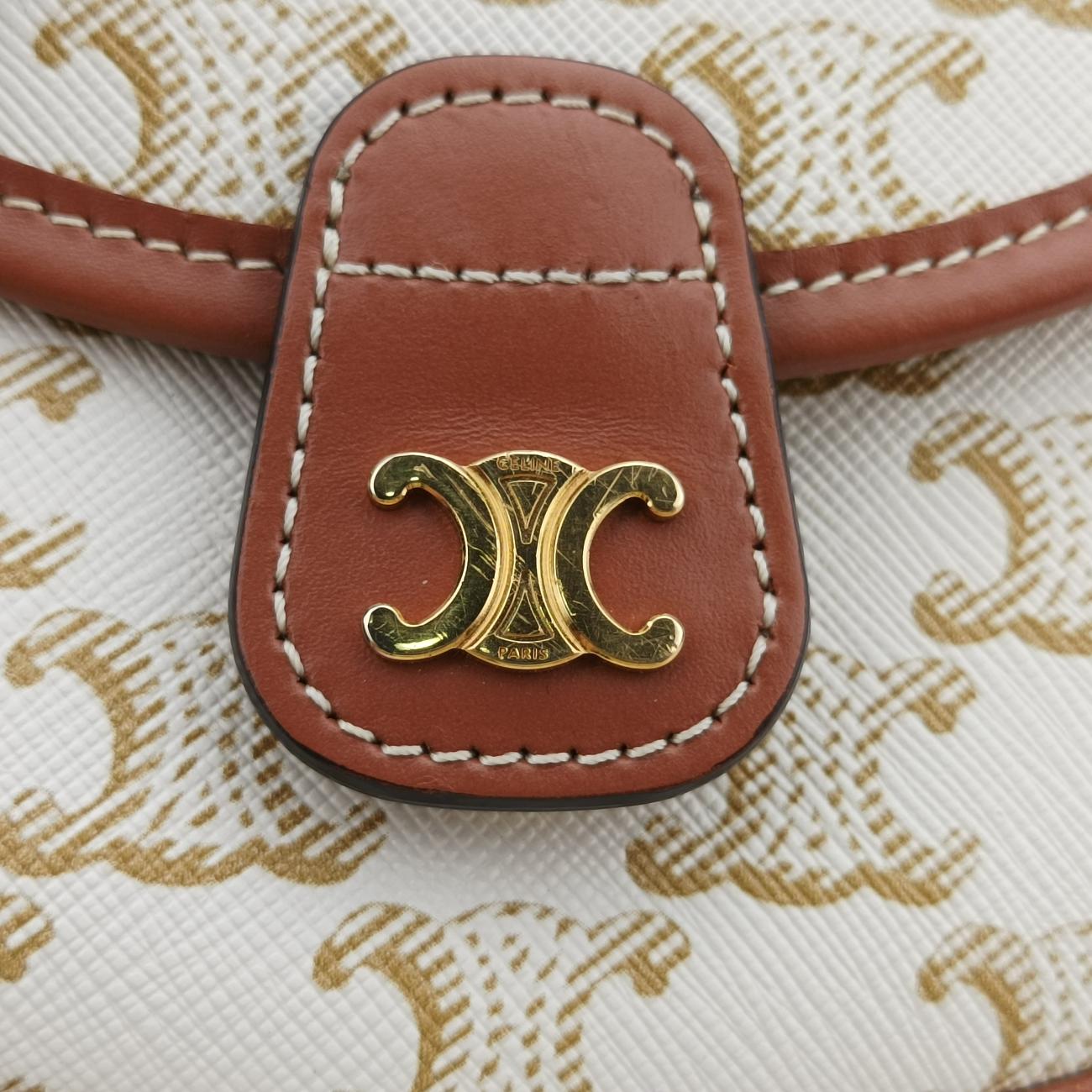 Vintage Celine Triomphe Mini Besace White×brown PVC coated canvas  shoulderbag | stylenewstar