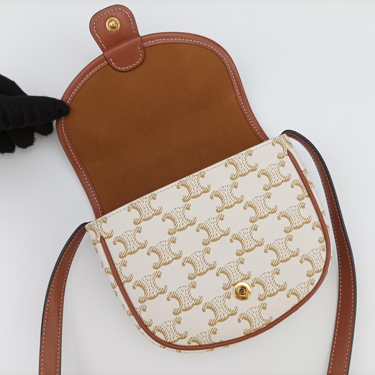 Vintage Celine Triomphe Mini Besace White×brown PVC coated canvas  shoulderbag | stylenewstar