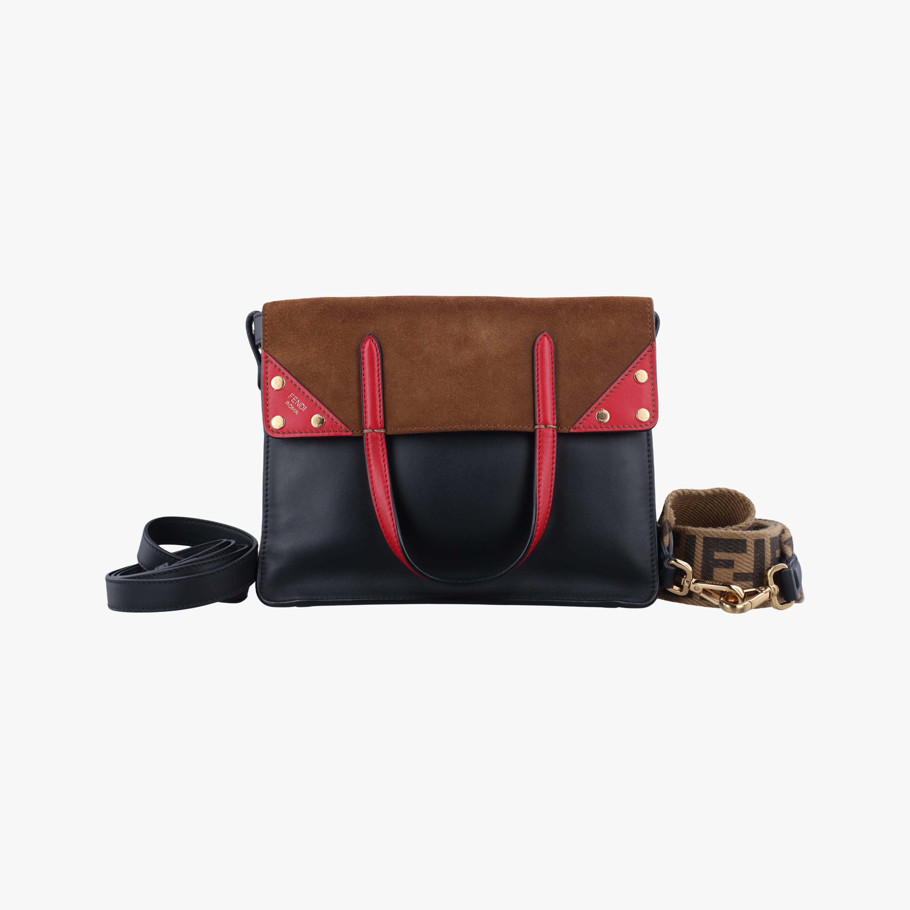 Pre-owned Fendi Flip Brown x Red x Navy Leather x Suede 8BT302 shoulderbag | stylenewstar