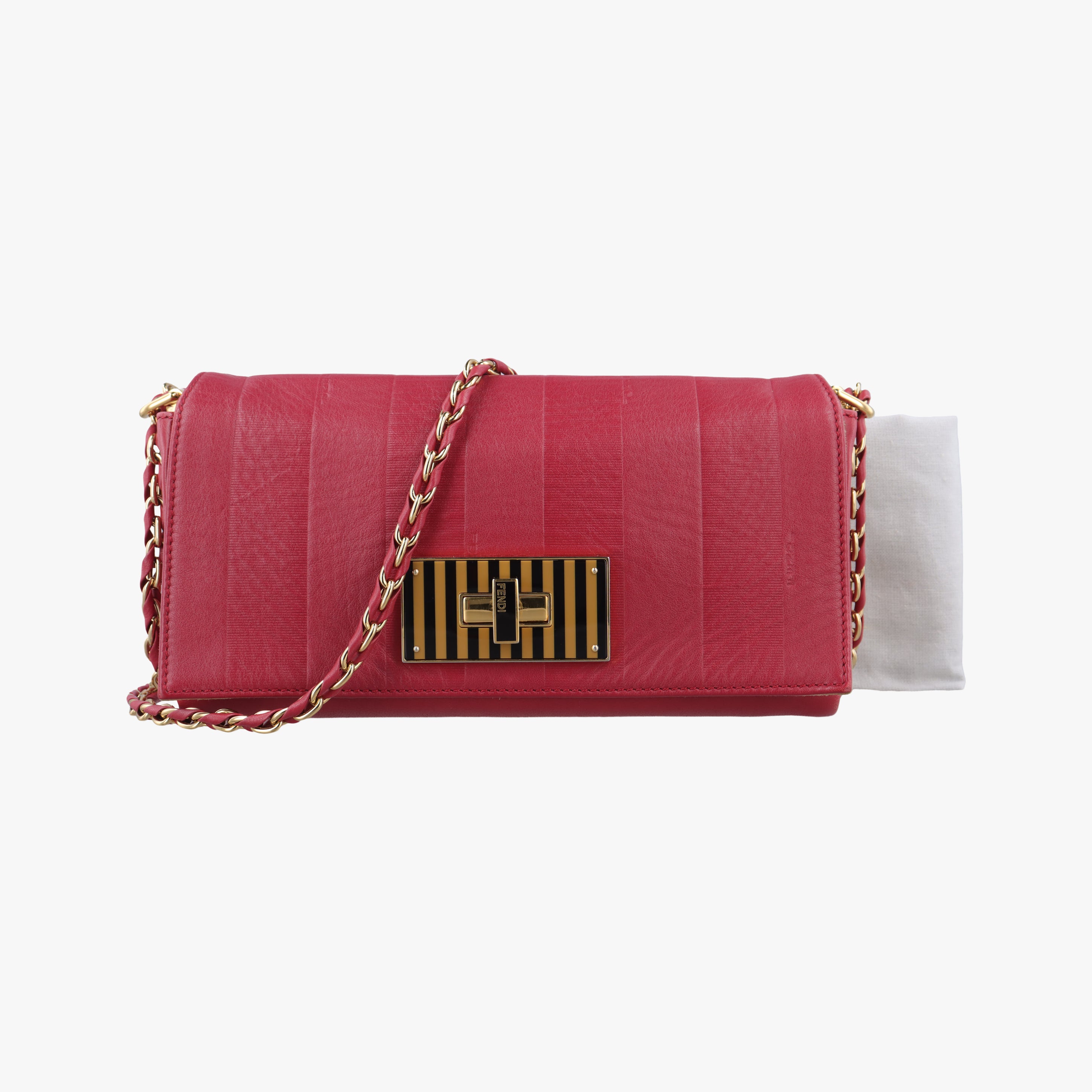 Pre-owned Fendi Pequin Embossed Striped Claudia Red Leather 8BT204 shoulderbag | stylenewstar