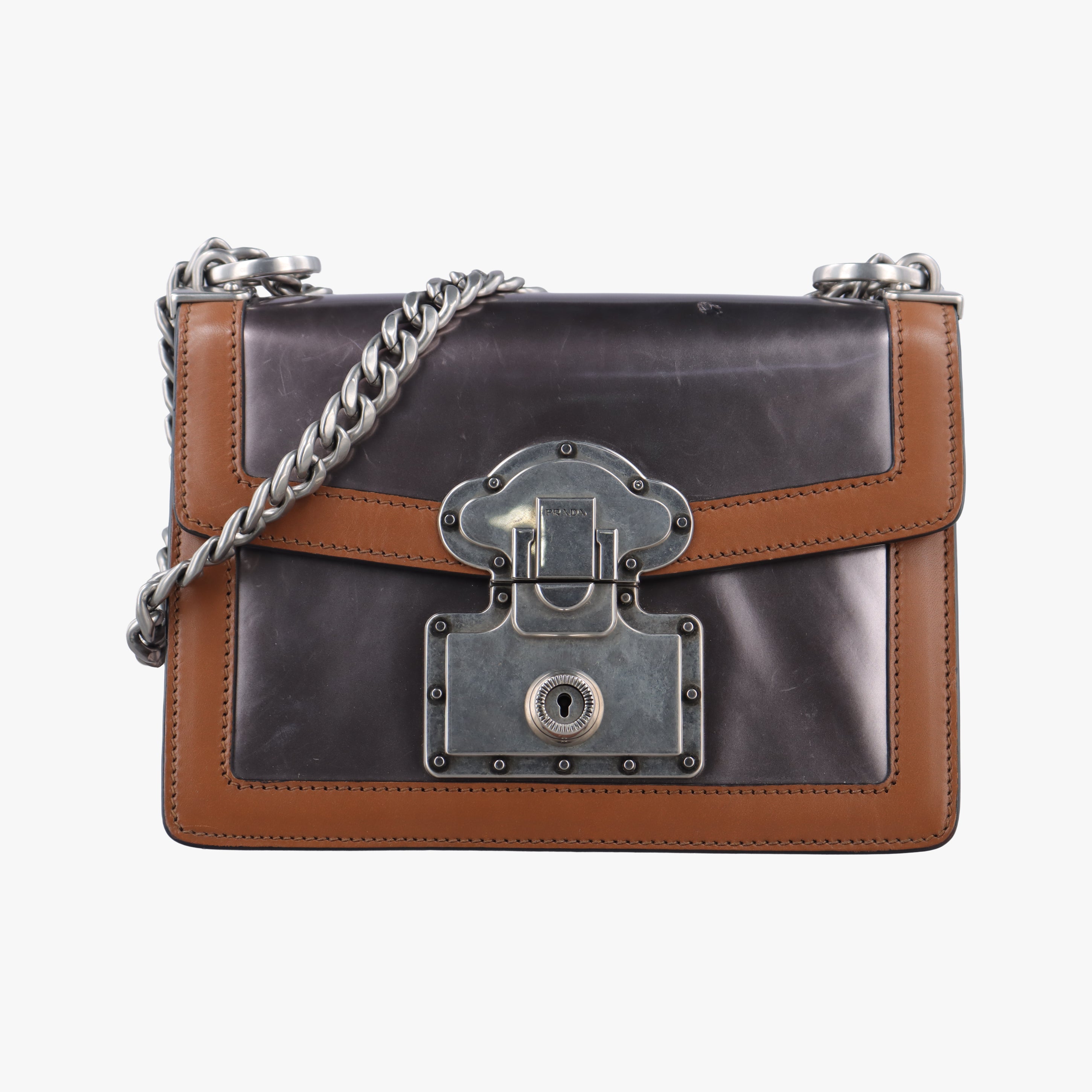 Pre-owned Prada flap Brown x Silver Leather×Enamel  shoulderbag | stylenewstar
