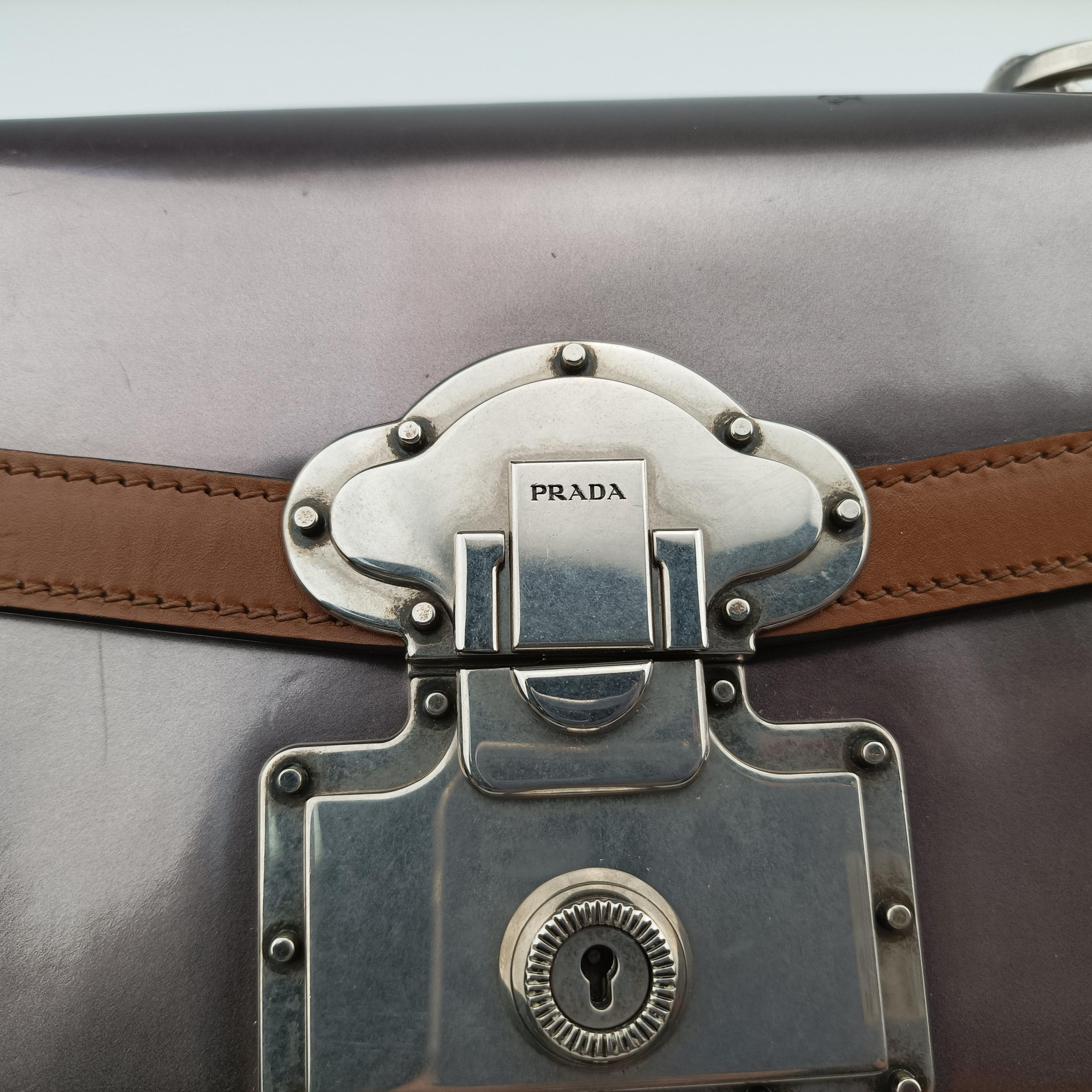 Pre-owned Prada flap Brown x Silver Leather×Enamel  shoulderbag | stylenewstar