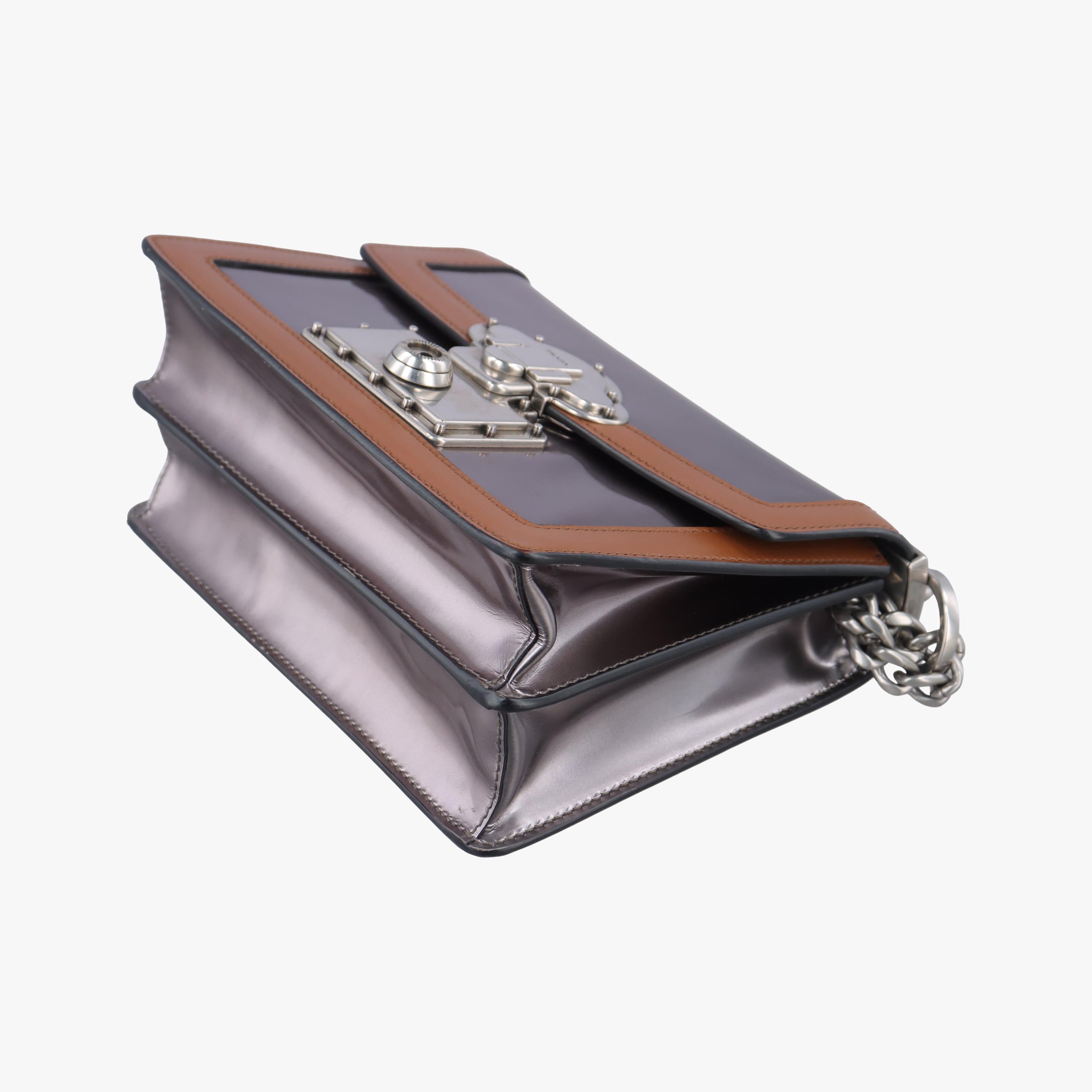 Pre-owned Prada flap Brown x Silver Leather×Enamel  shoulderbag | stylenewstar