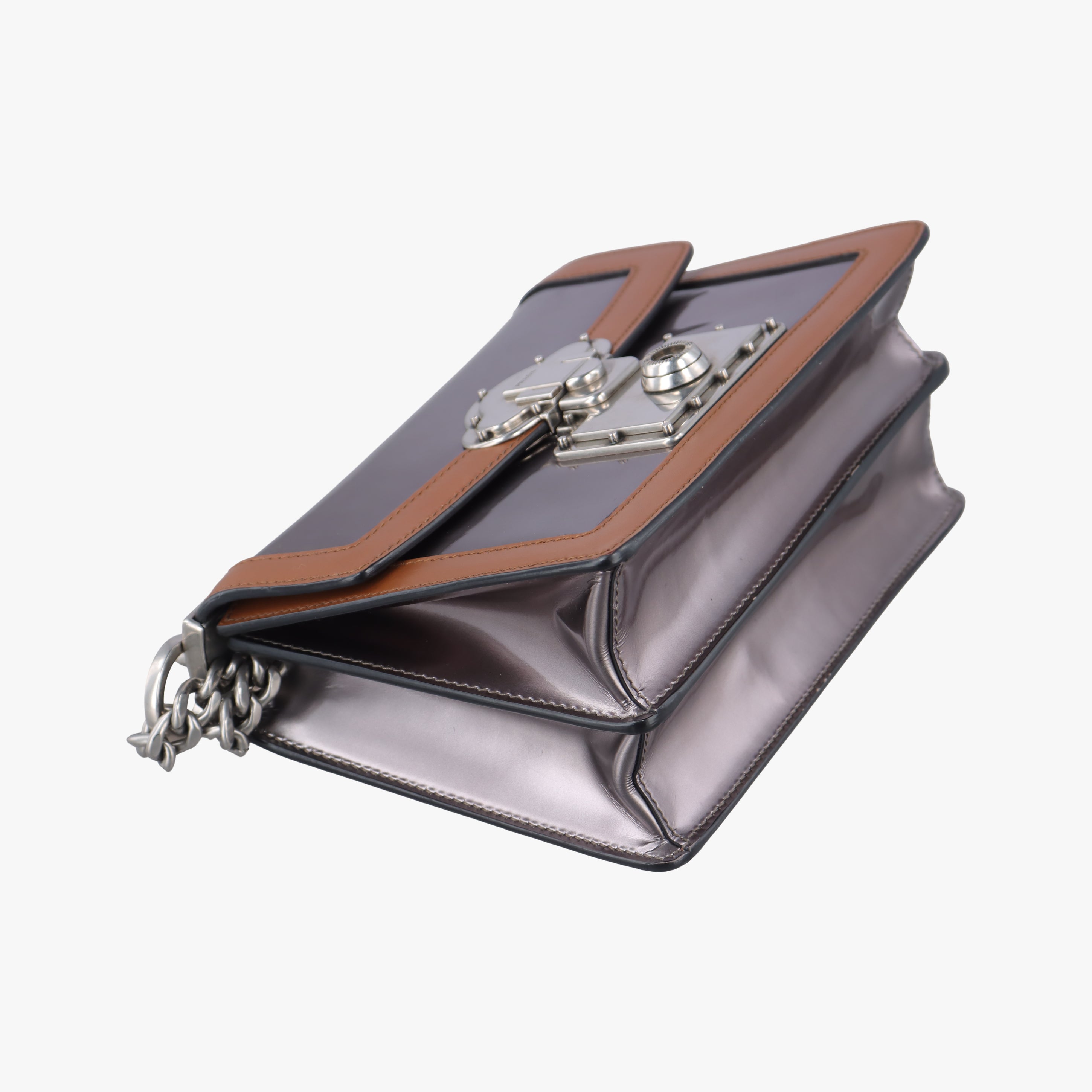 Pre-owned Prada flap Brown x Silver Leather×Enamel  shoulderbag | stylenewstar