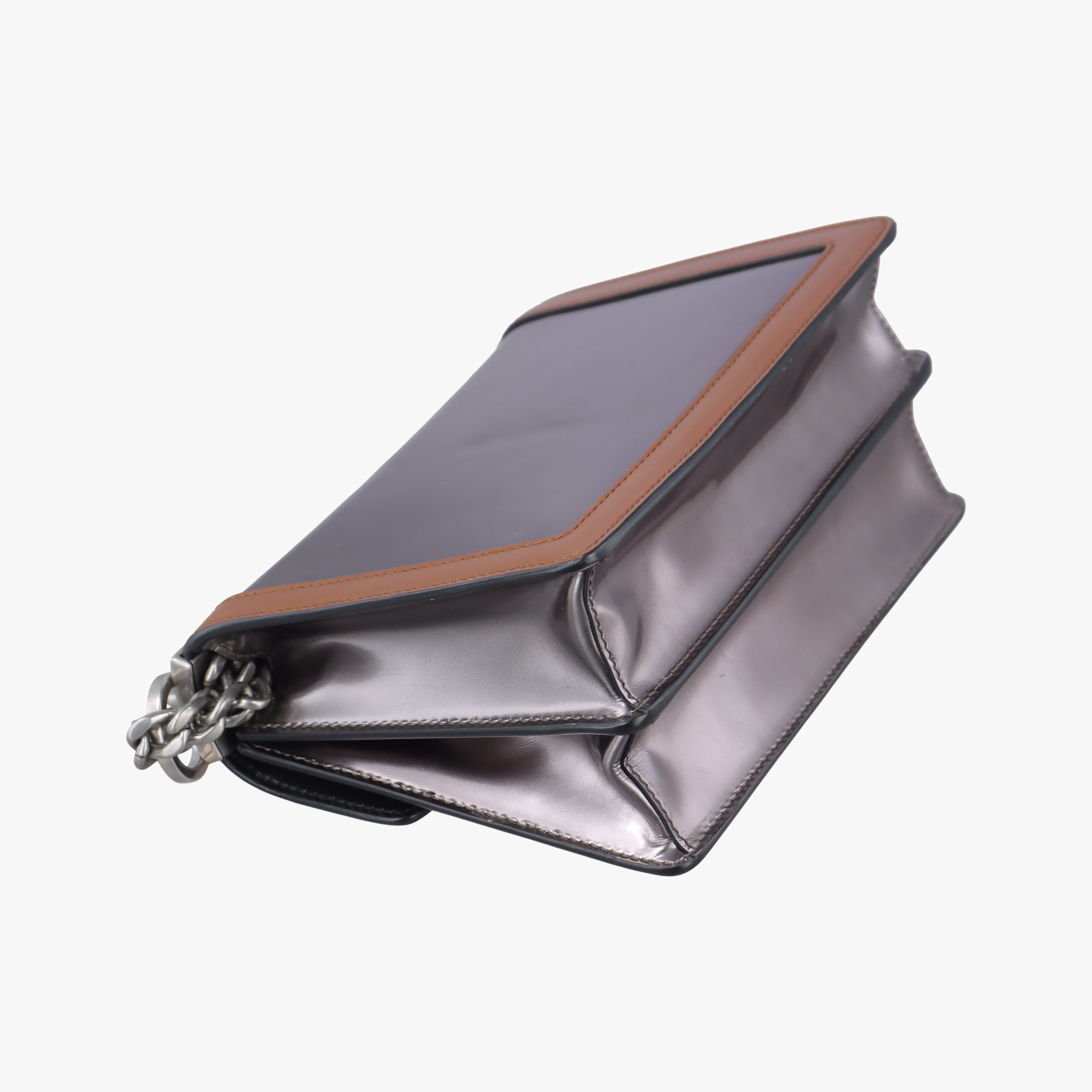 Pre-owned Prada flap Brown x Silver Leather×Enamel  shoulderbag | stylenewstar