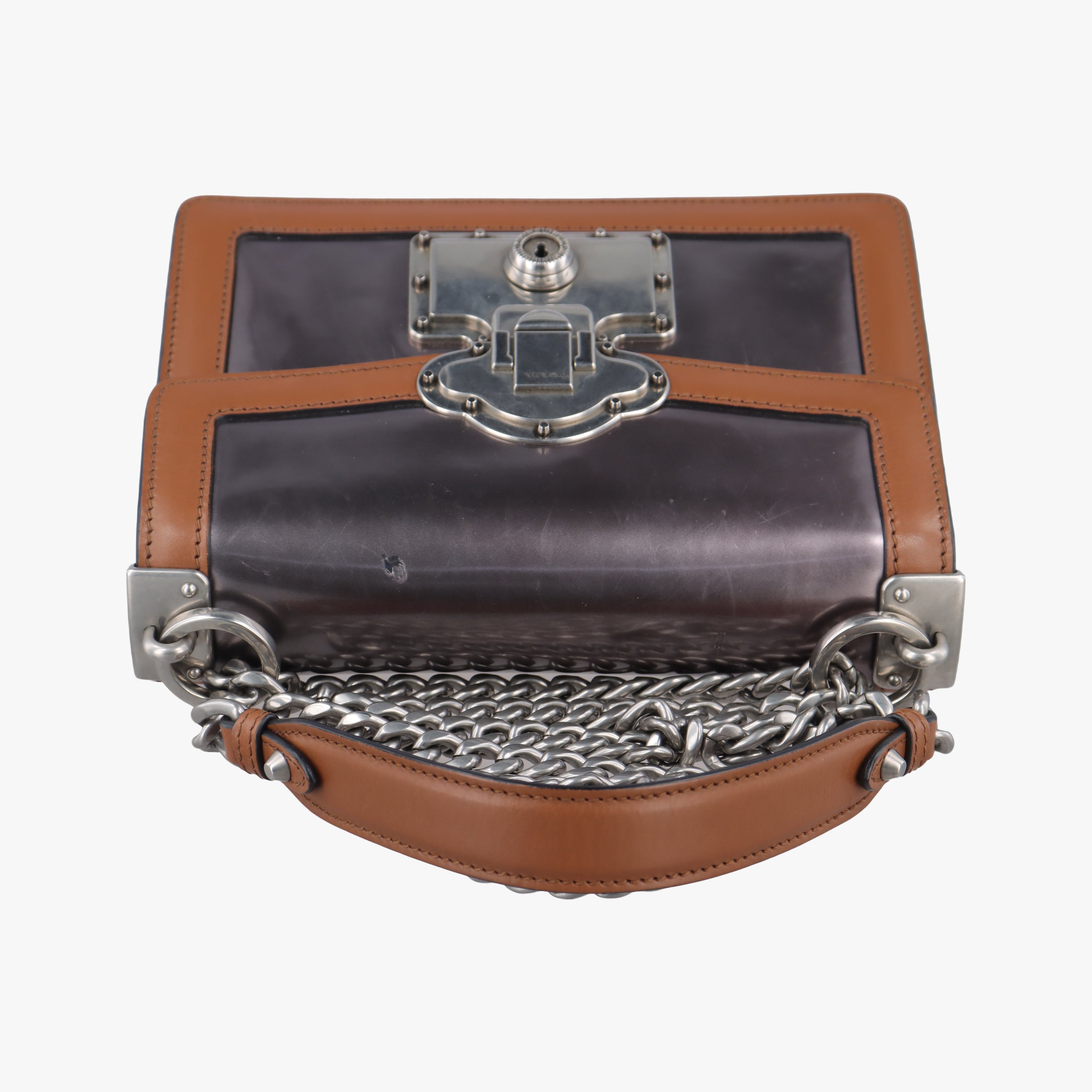 Pre-owned Prada flap Brown x Silver Leather×Enamel  shoulderbag | stylenewstar