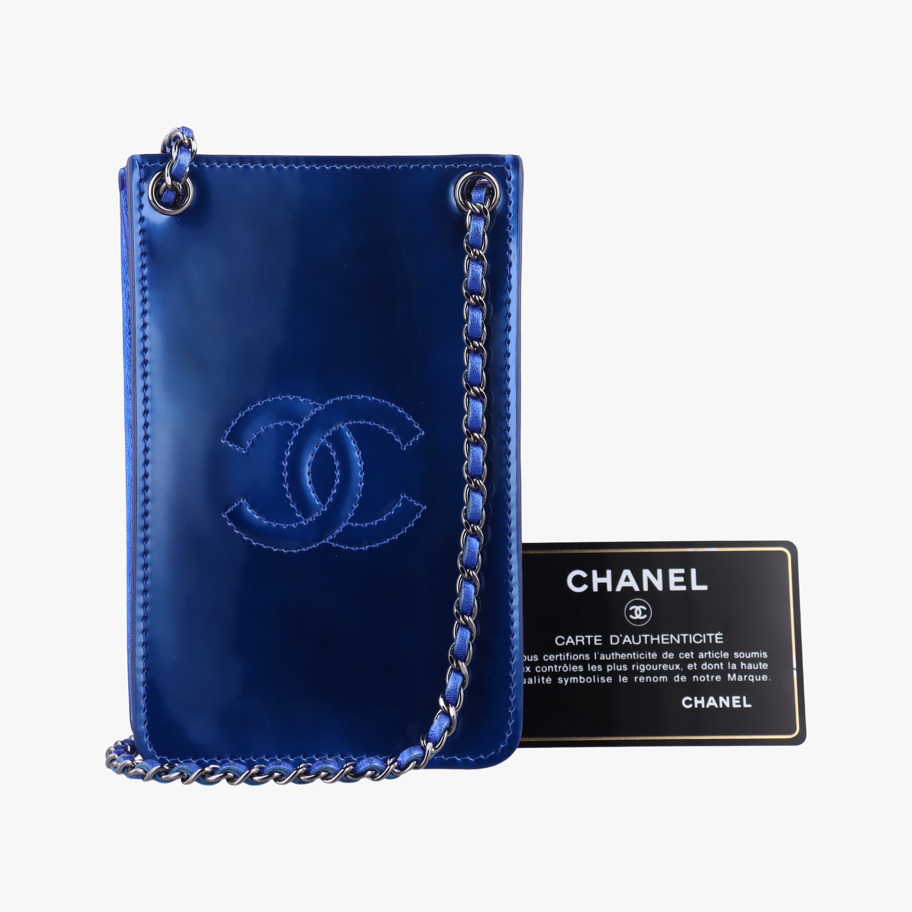 Pre-owned Chanel CC phone holder Blue Patent A92304 crossbodybag | stylenewstar