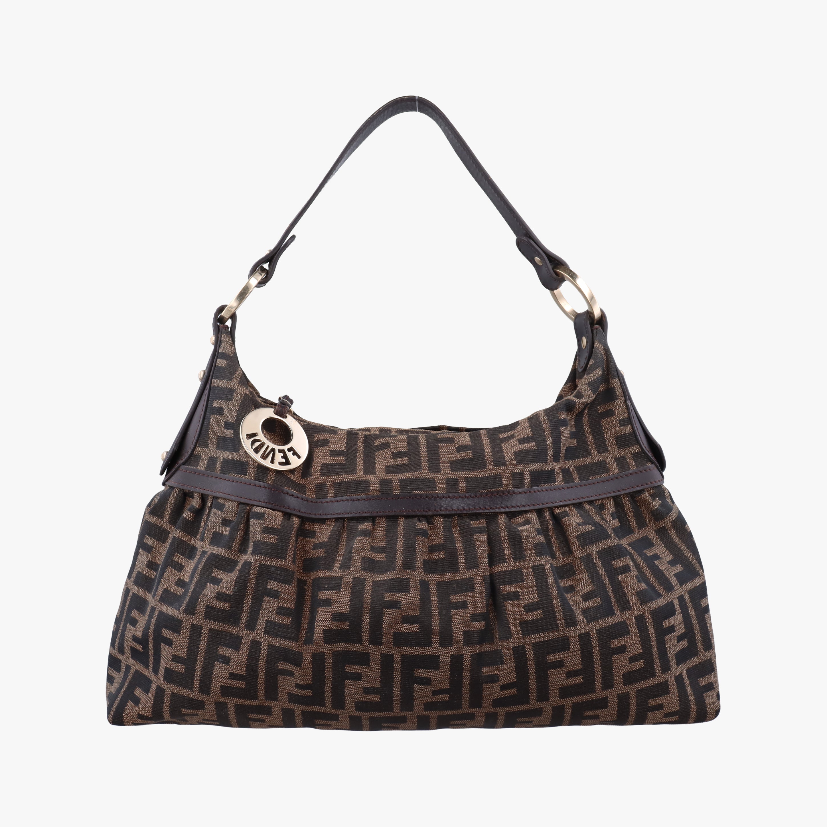 Pre-owned Fendi Chef Perforated Charm Zucca Print Brown fabric 8BR448 shoulderbag | stylenewstar