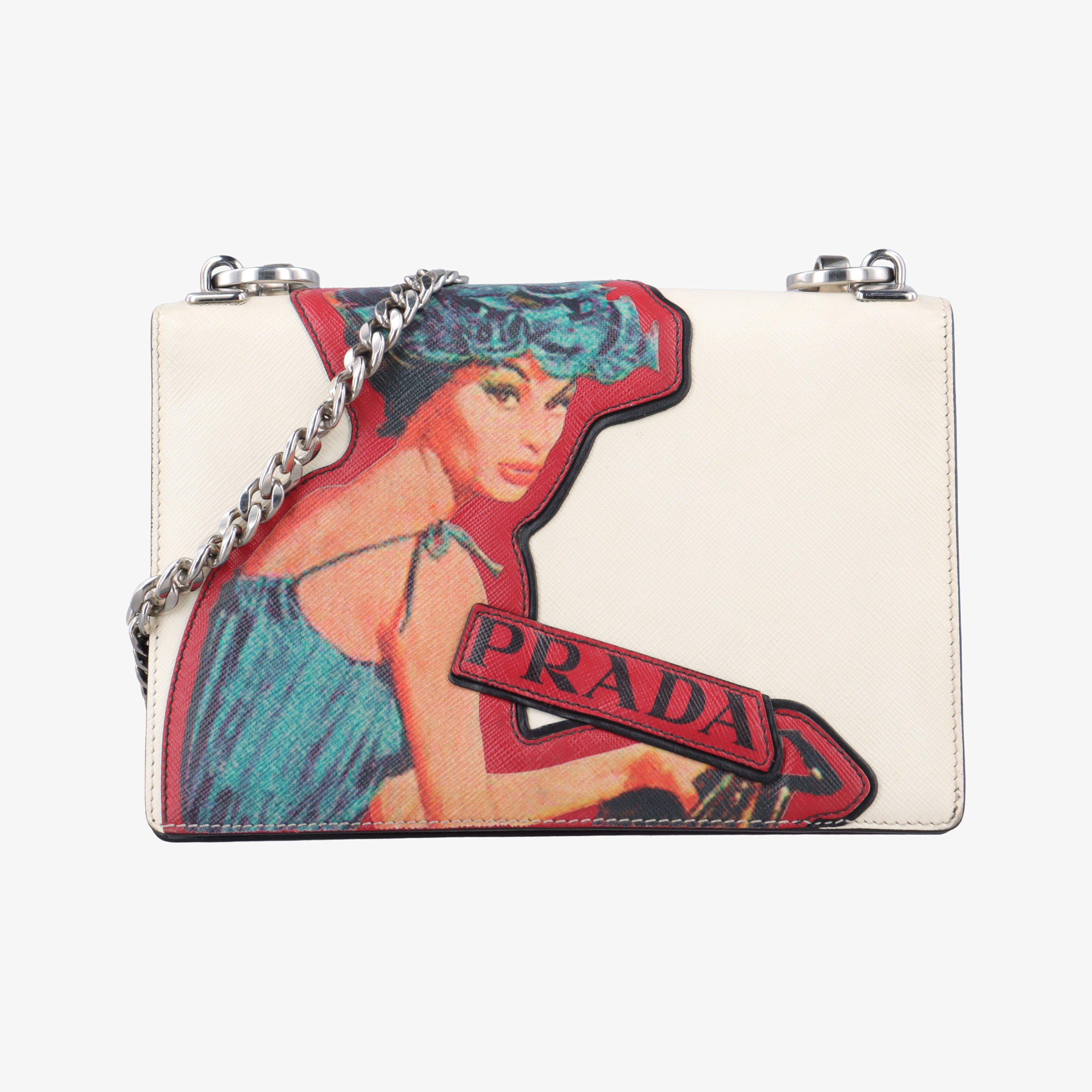 Pre-owned Prada Patched Frame logo White×multicolor Saffiano Leather  shoulderbag | stylenewstar