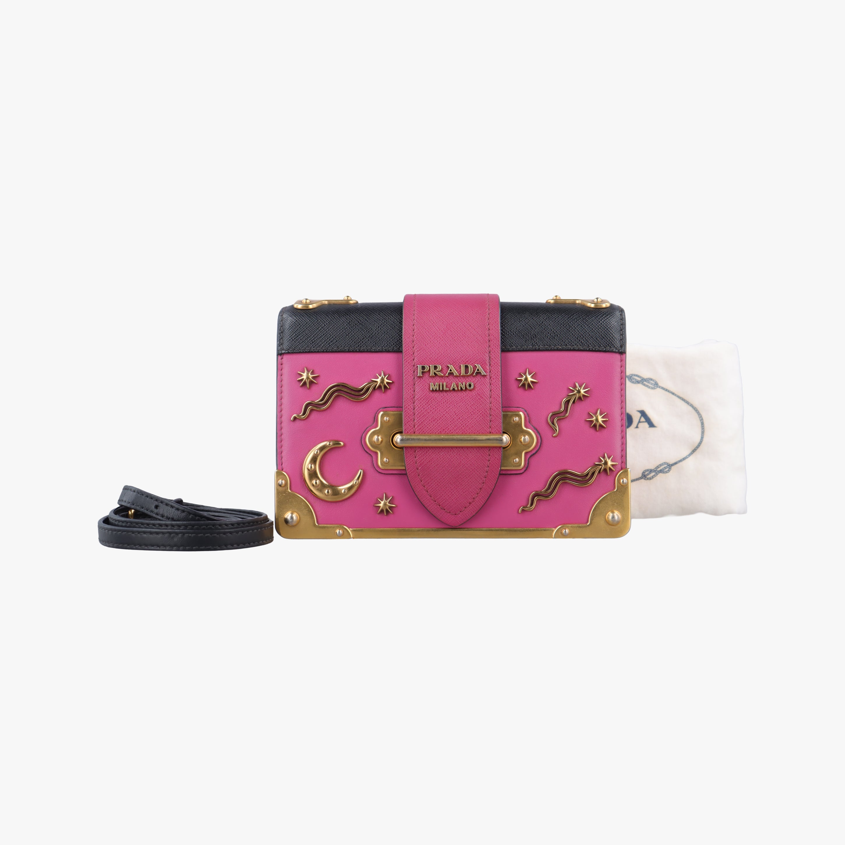 Pre-owned Prada City Calf Astrology Cahier pink×Black Saffiano leather×Leather  shoulderbag | stylenewstar