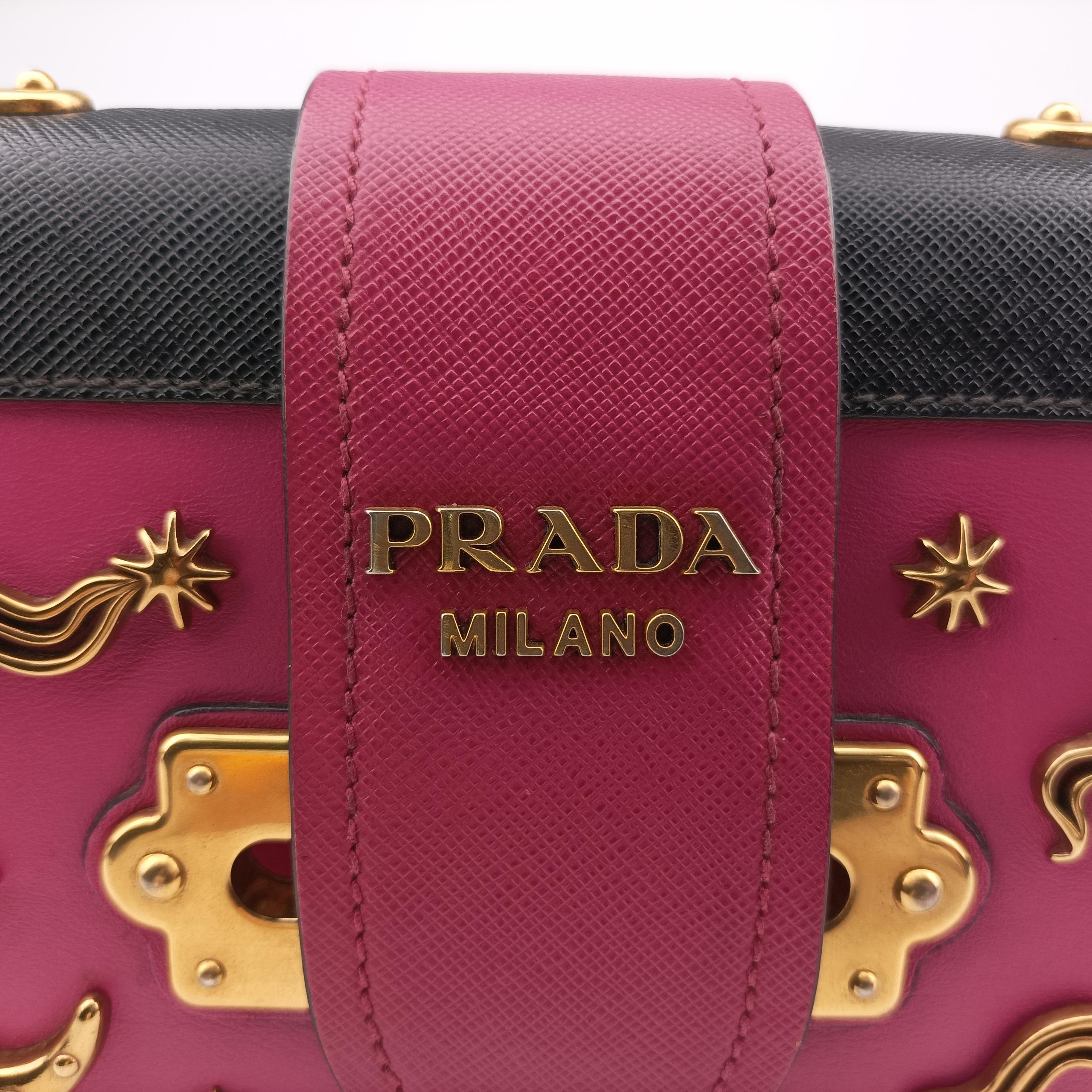 Pre-owned Prada City Calf Astrology Cahier pink×Black Saffiano leather×Leather  shoulderbag | stylenewstar