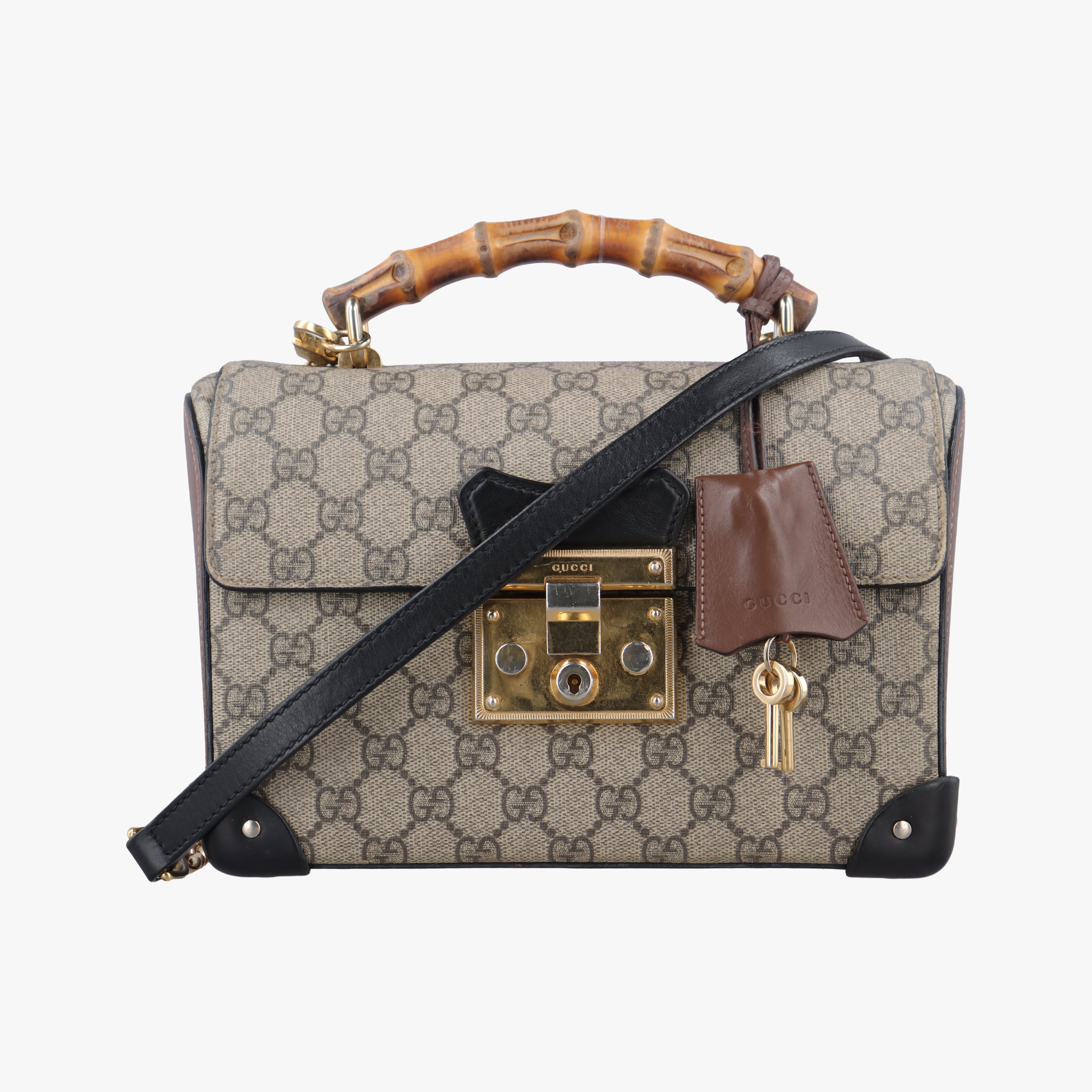 Secondhand Gucci GG Supreme Bamboo Padlock beige×black PVC coated canvas 603221 shoulderbag | stylenewstar