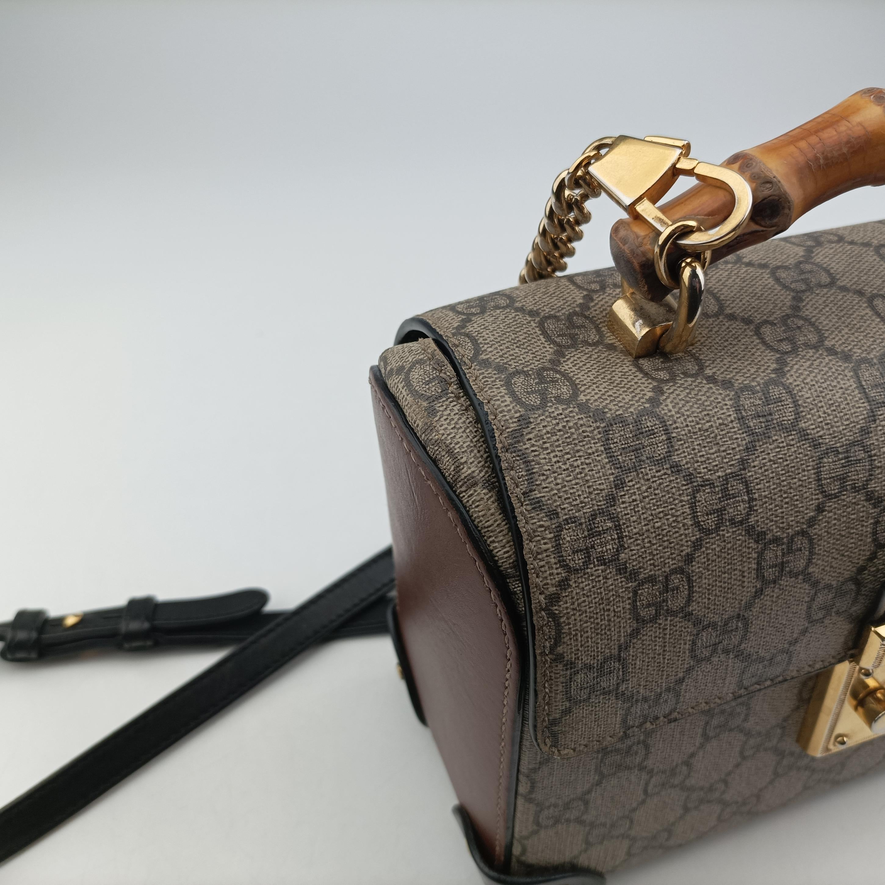 Secondhand Gucci GG Supreme Bamboo Padlock beige×black PVC coated canvas 603221 shoulderbag | stylenewstar