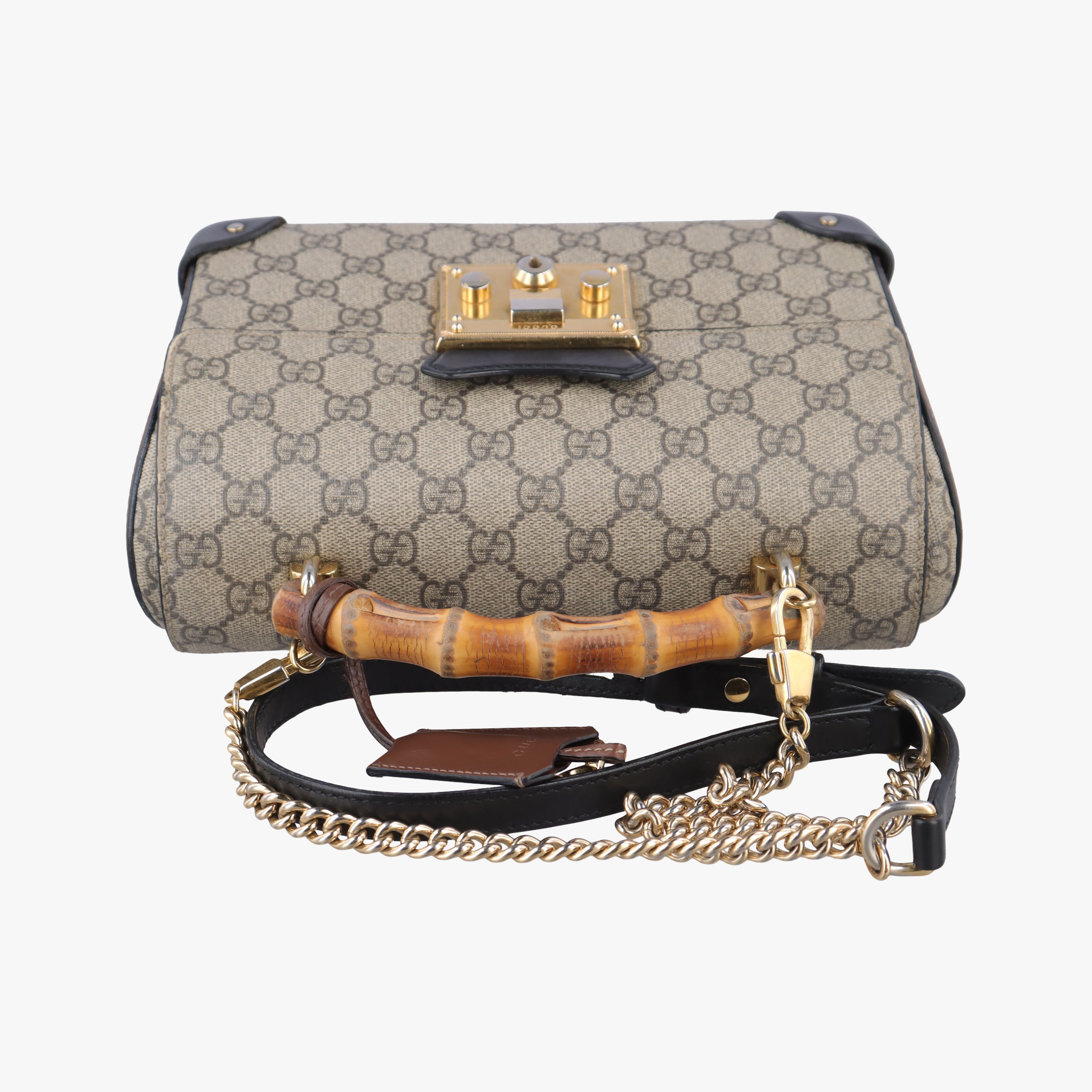 Secondhand Gucci GG Supreme Bamboo Padlock beige×black PVC coated canvas 603221 shoulderbag | stylenewstar