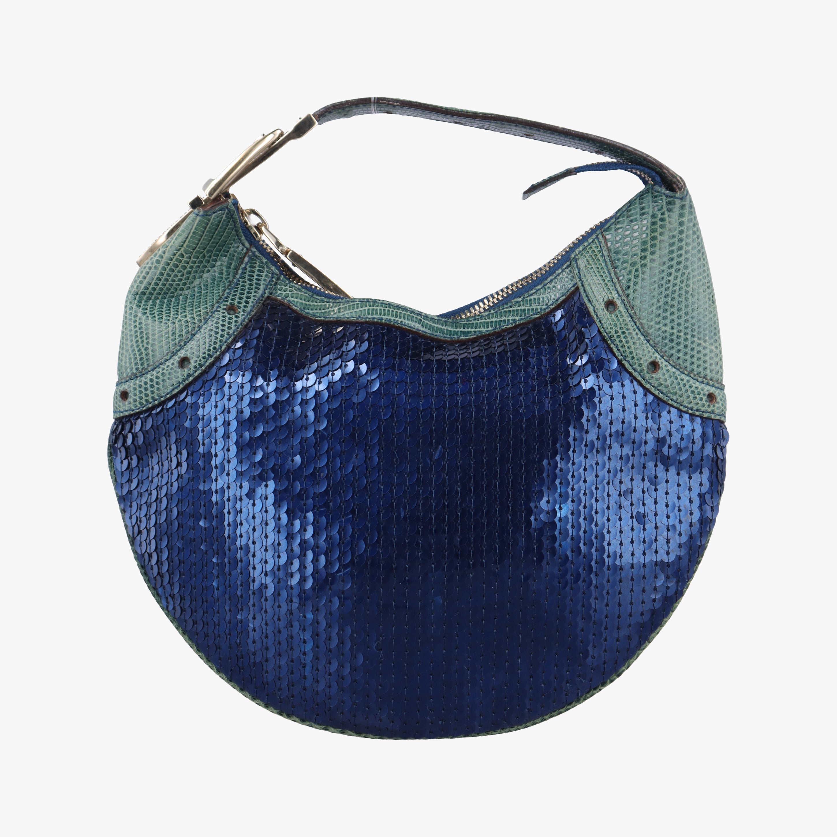 Secondhand Gucci Hobo Blue×Green Lizard Skin × Sequins 147797 handbag | stylenewstar