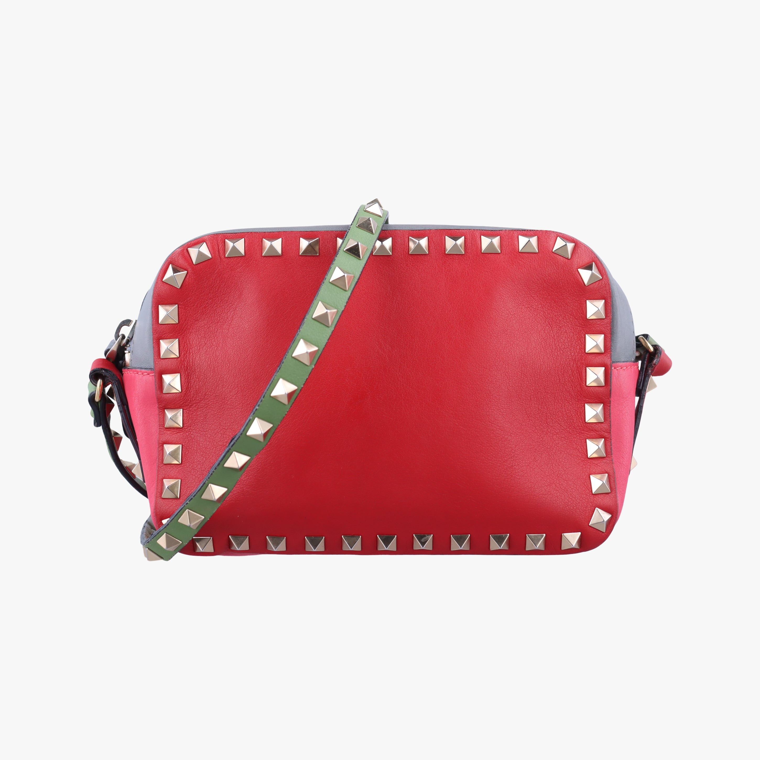 Pre-owned Valentino Rockstud Red x Pink x Gray Leather  shoulderbag | stylenewstar