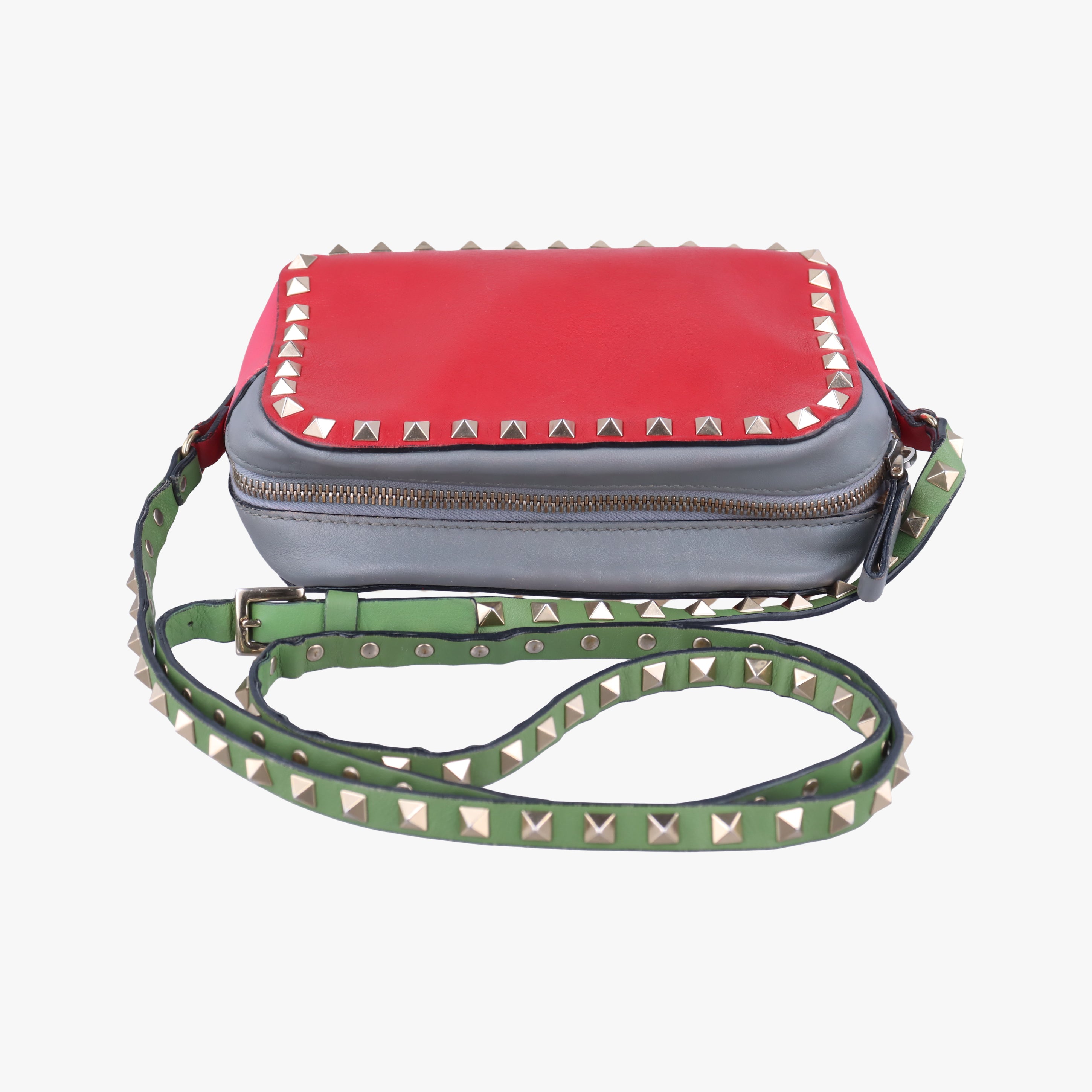 Pre-owned Valentino Rockstud Red x Pink x Gray Leather  shoulderbag | stylenewstar