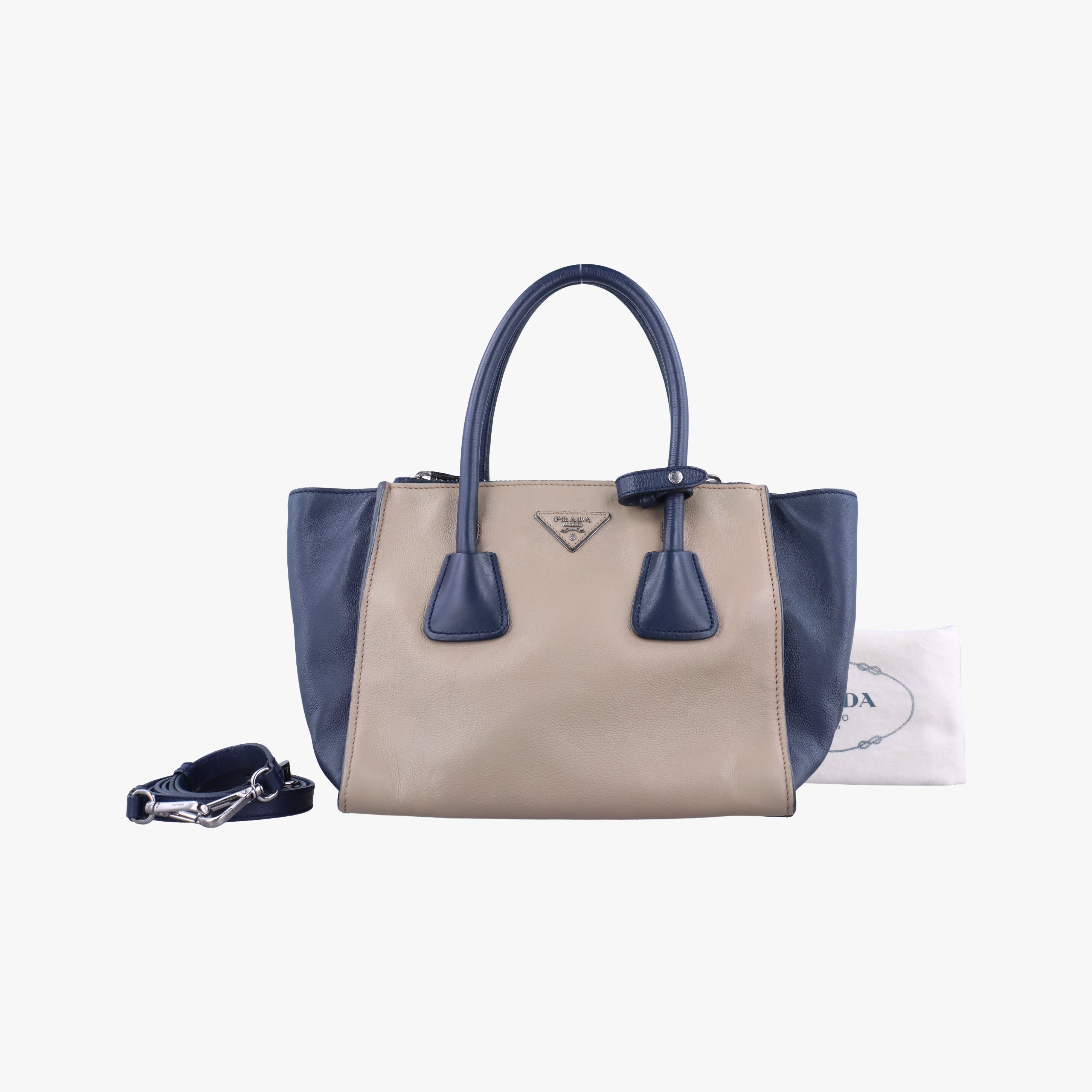 Pre-owned Prada Twin Pocket Tote Beige x Navy leather  shoulderbag | stylenewstar
