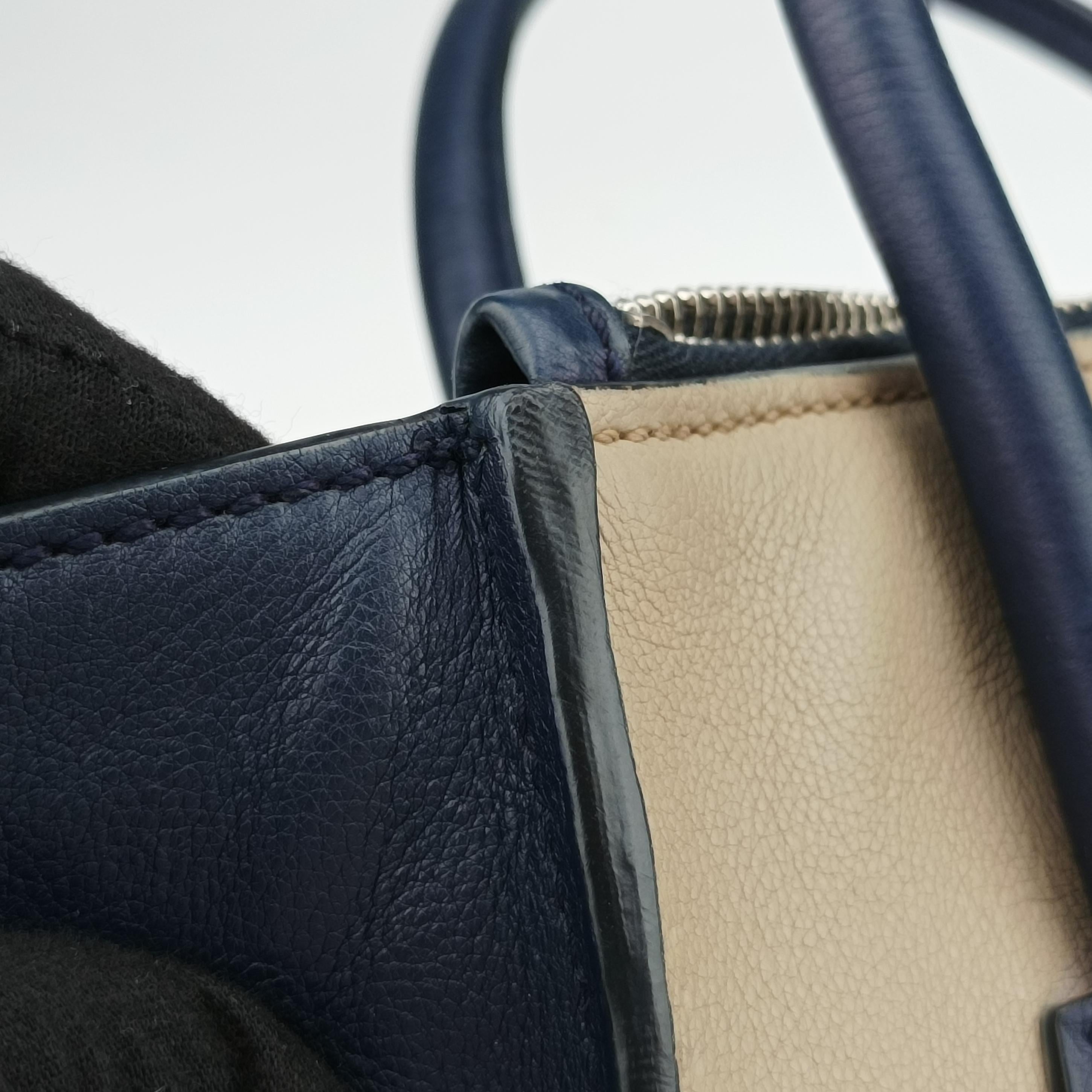Pre-owned Prada Twin Pocket Tote Beige x Navy leather  shoulderbag | stylenewstar