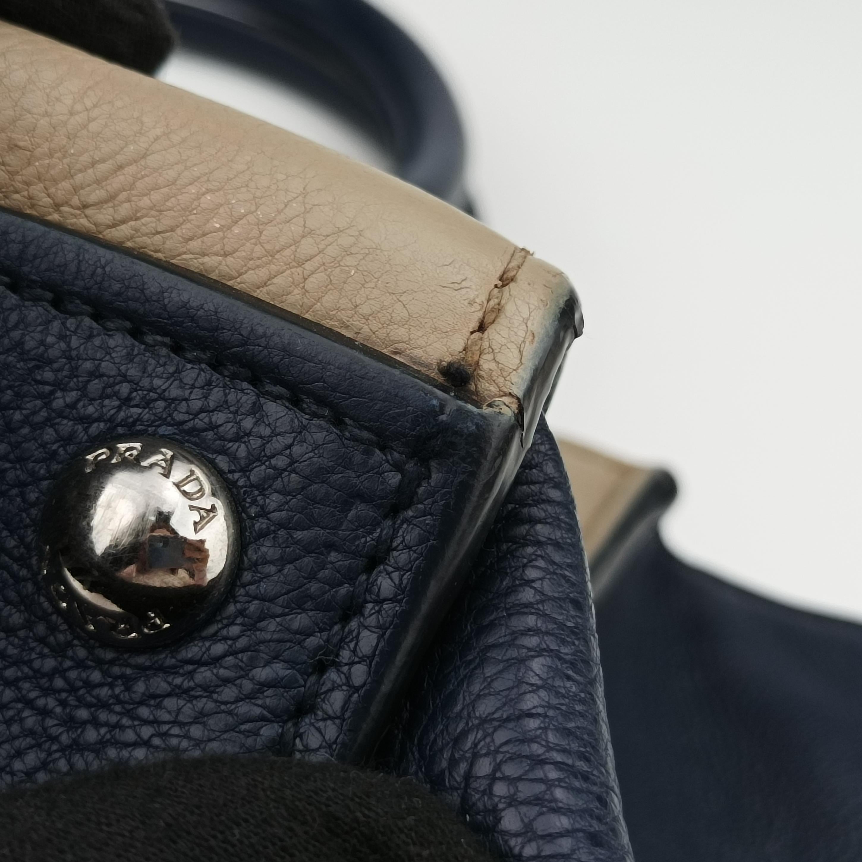Pre-owned Prada Twin Pocket Tote Beige x Navy leather  shoulderbag | stylenewstar