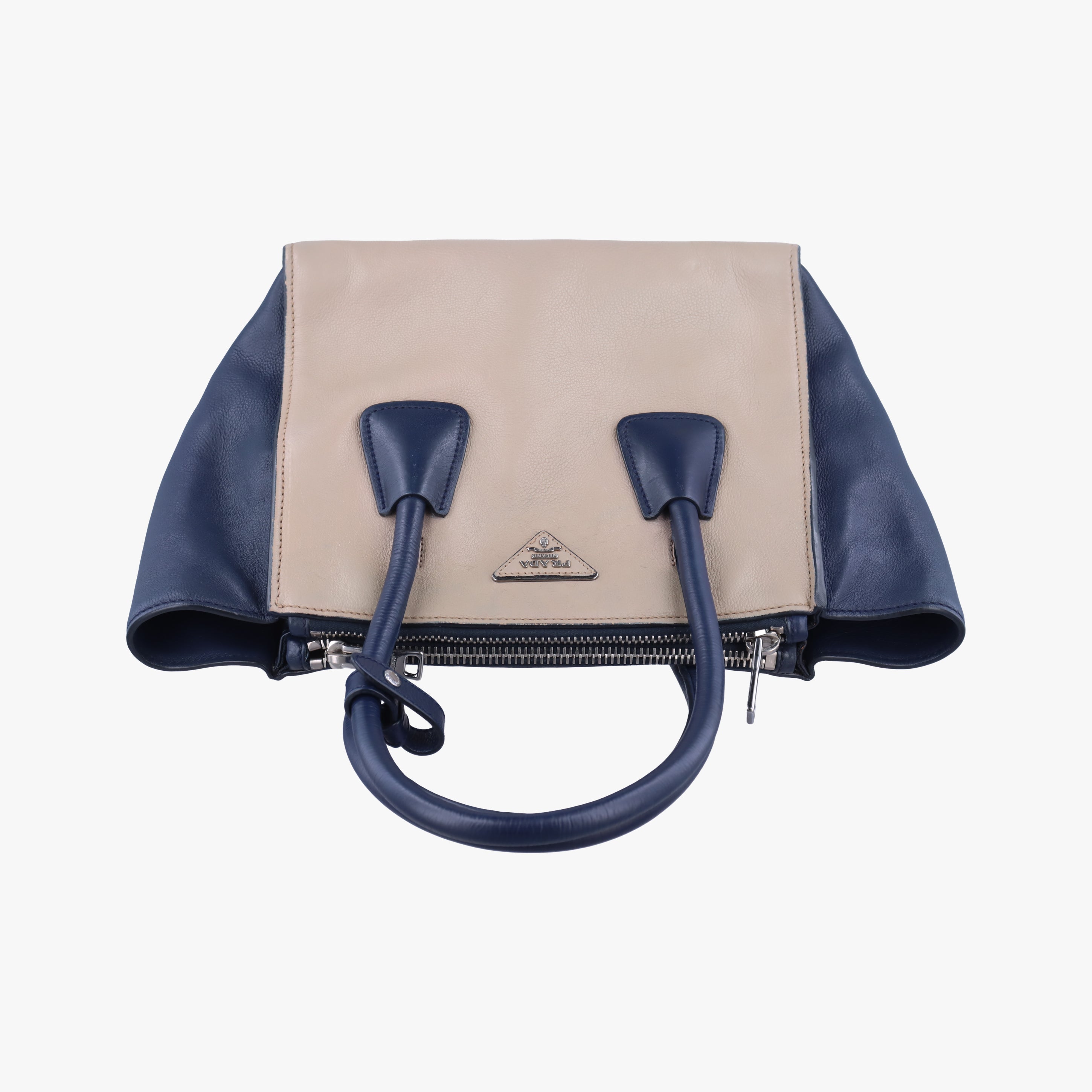 Pre-owned Prada Twin Pocket Tote Beige x Navy leather  shoulderbag | stylenewstar