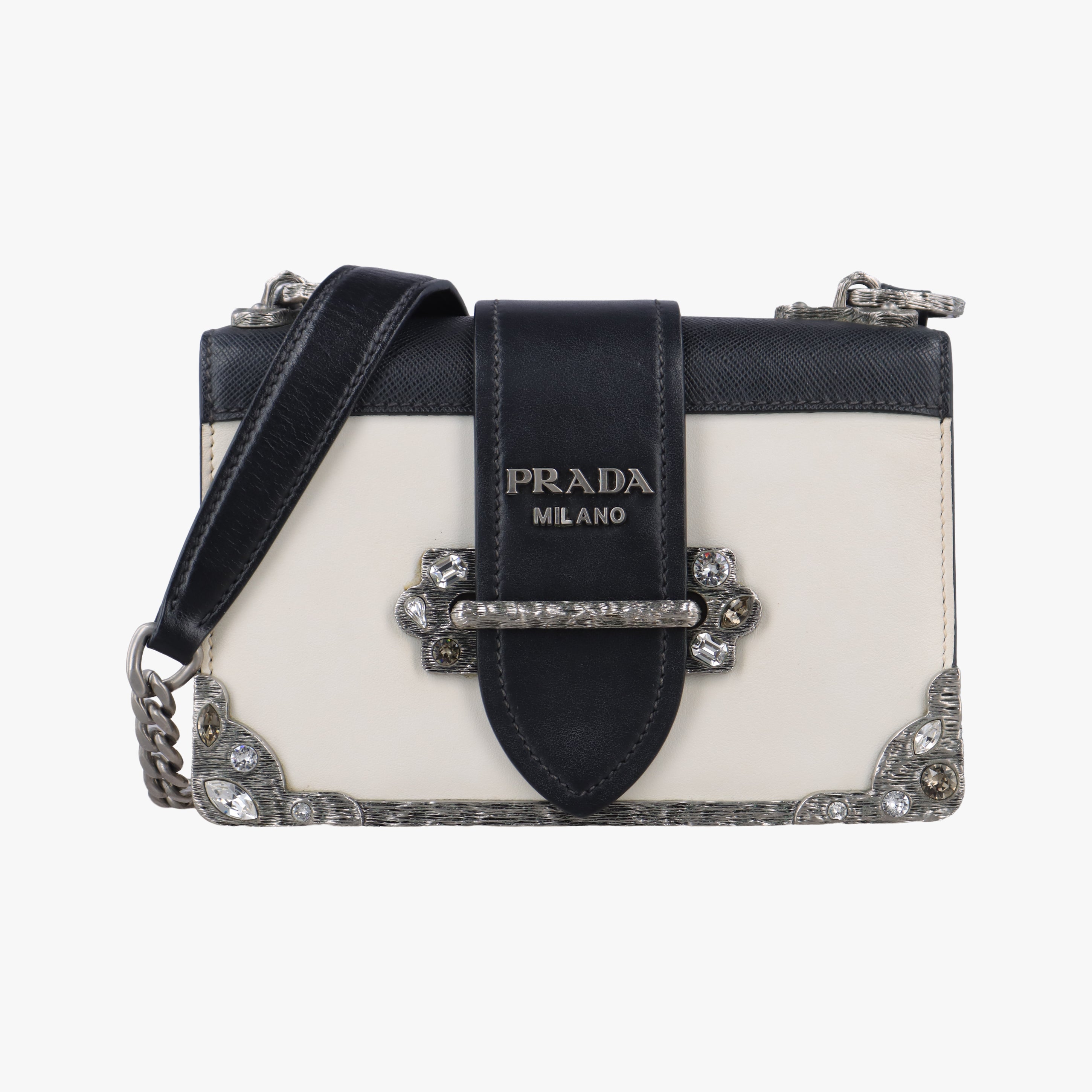 Pre-owned Prada Cahier Black×white Leather×SAFFIANO Leather 1BD045 shoulderbag | stylenewstar