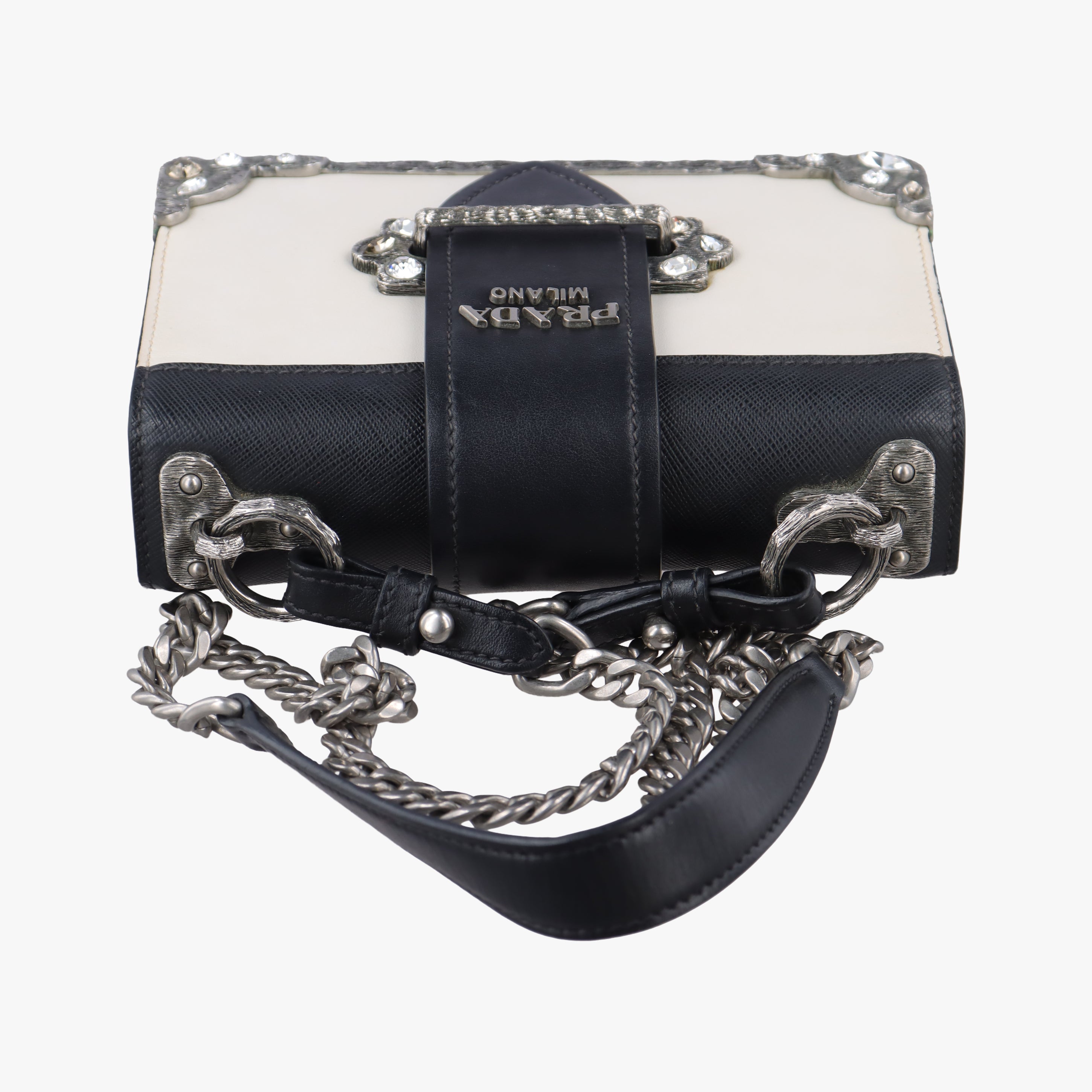 Pre-owned Prada Cahier Black×white Leather×SAFFIANO Leather 1BD045 shoulderbag | stylenewstar