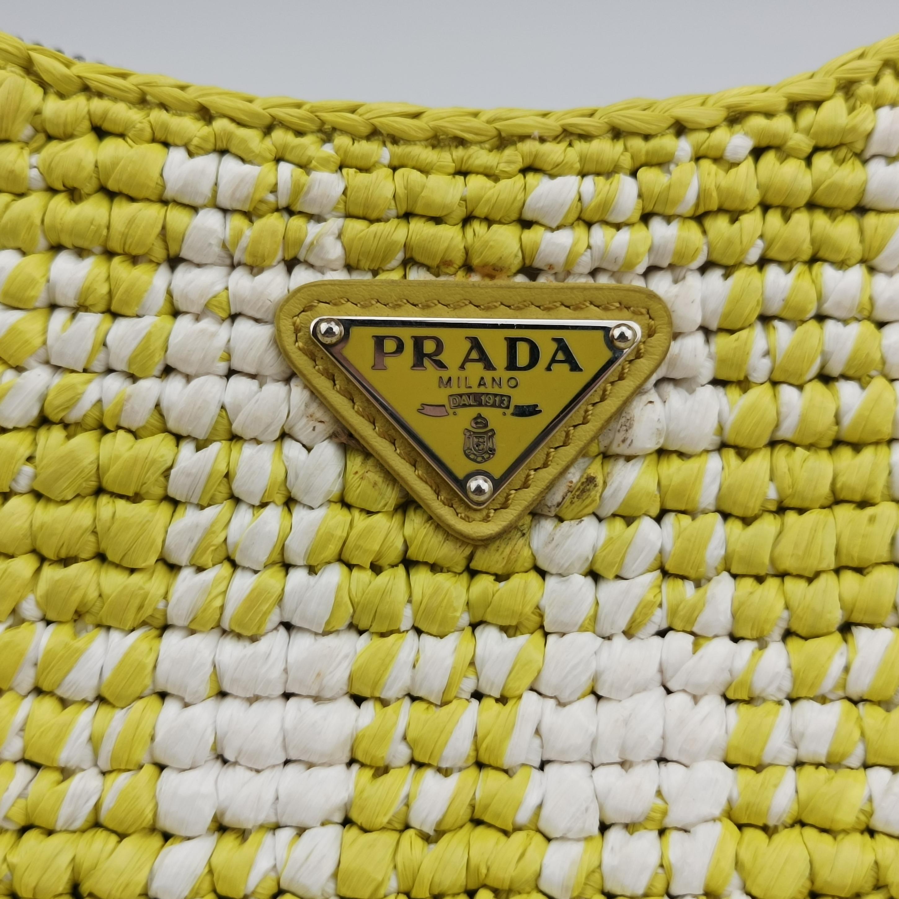 Pre-owned Prada Re-Edition 2005 Yellow x White straw  handbag | stylenewstar