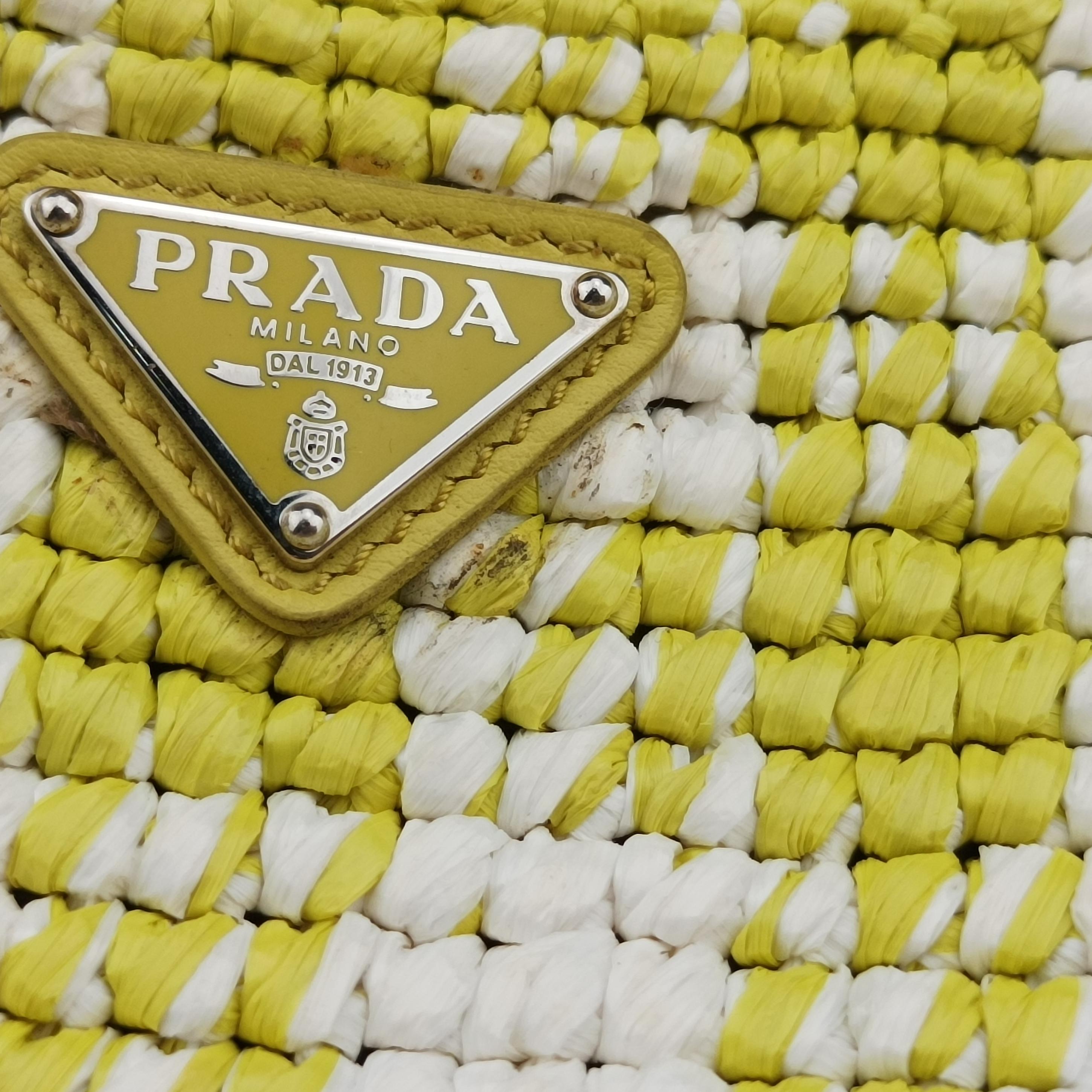 Pre-owned Prada Re-Edition 2005 Yellow x White straw  handbag | stylenewstar