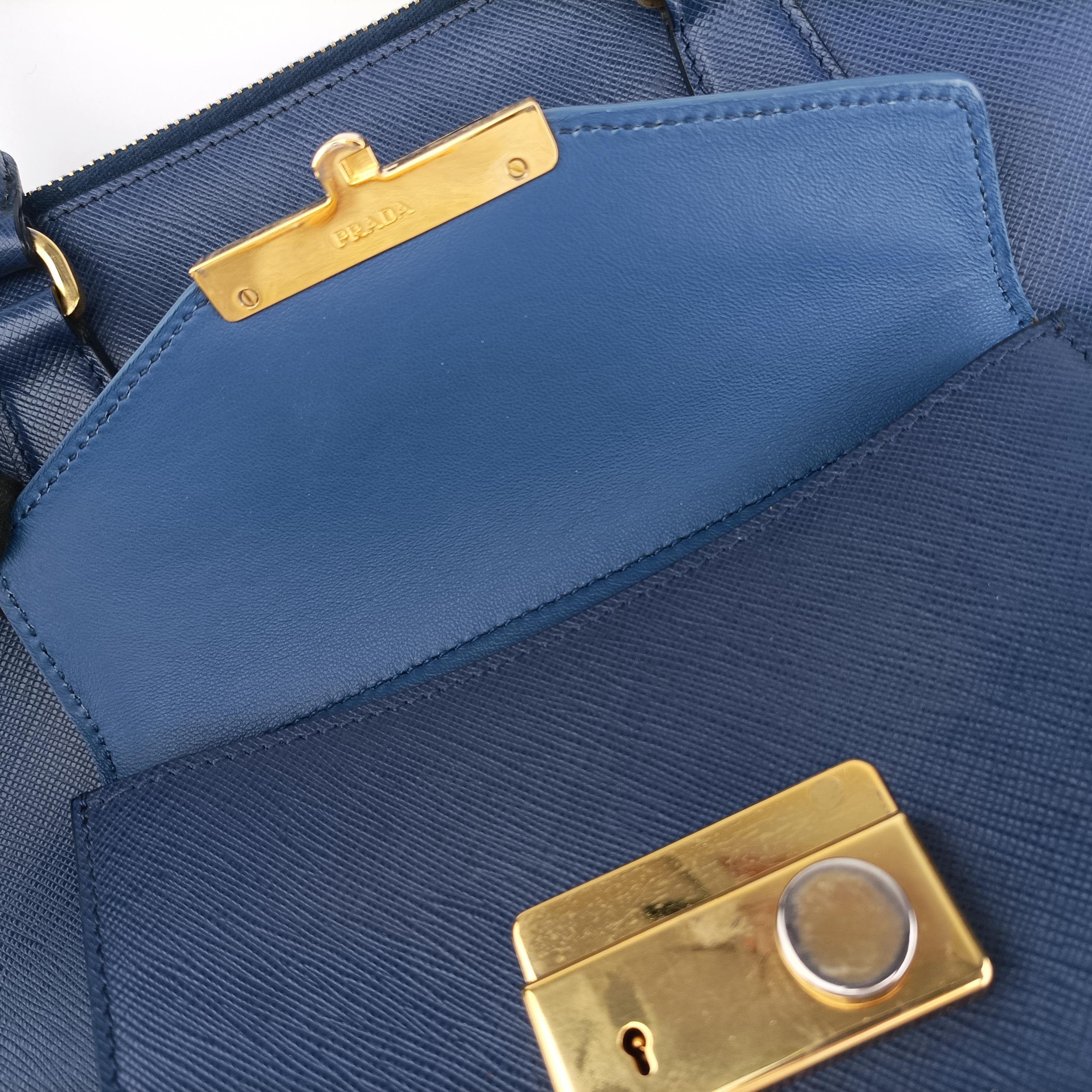 Pre-owned Prada Galleria front pocket Blue SAFFIANO Leather BN2674 shoulderbag | stylenewstar