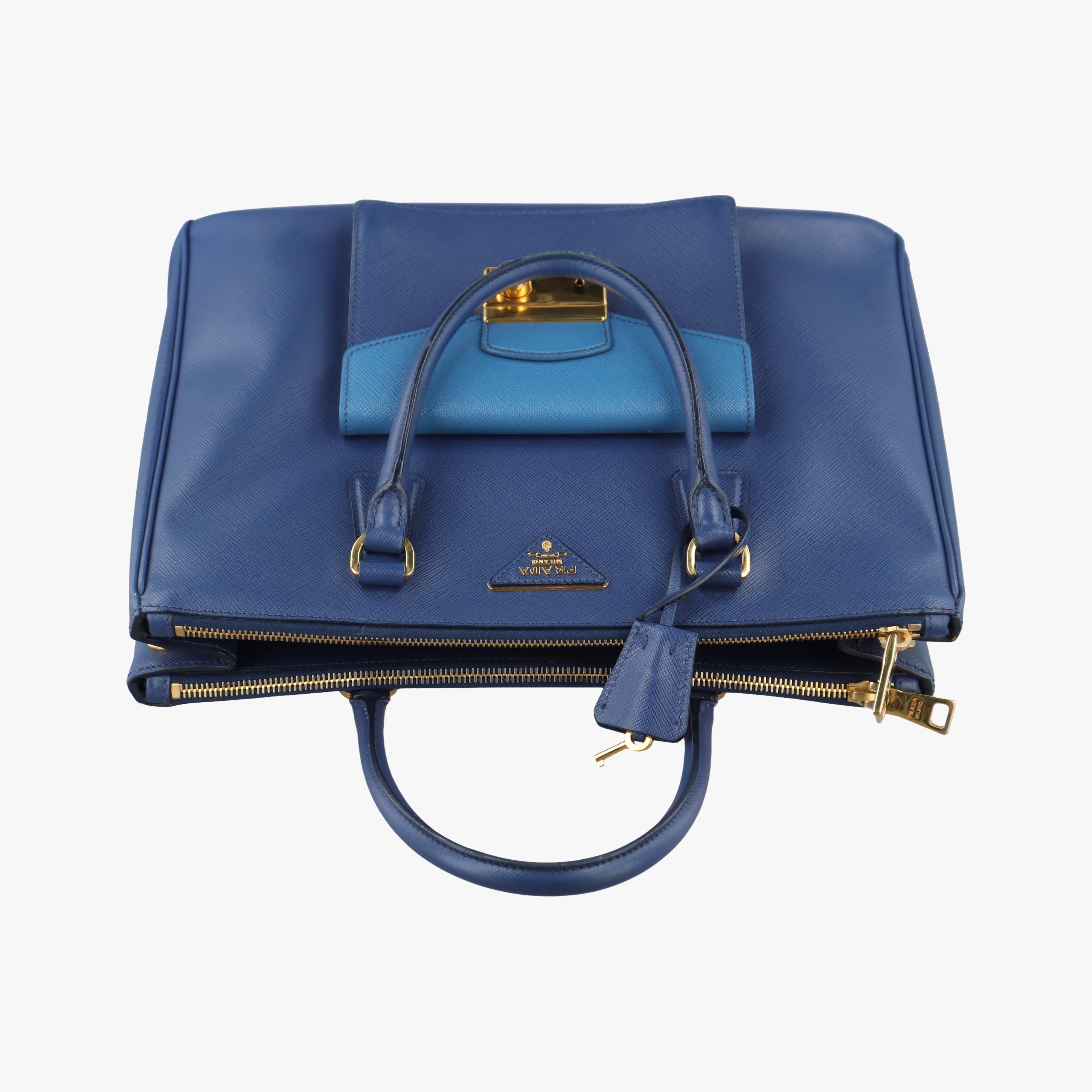 Pre-owned Prada Galleria front pocket Blue SAFFIANO Leather BN2674 shoulderbag | stylenewstar