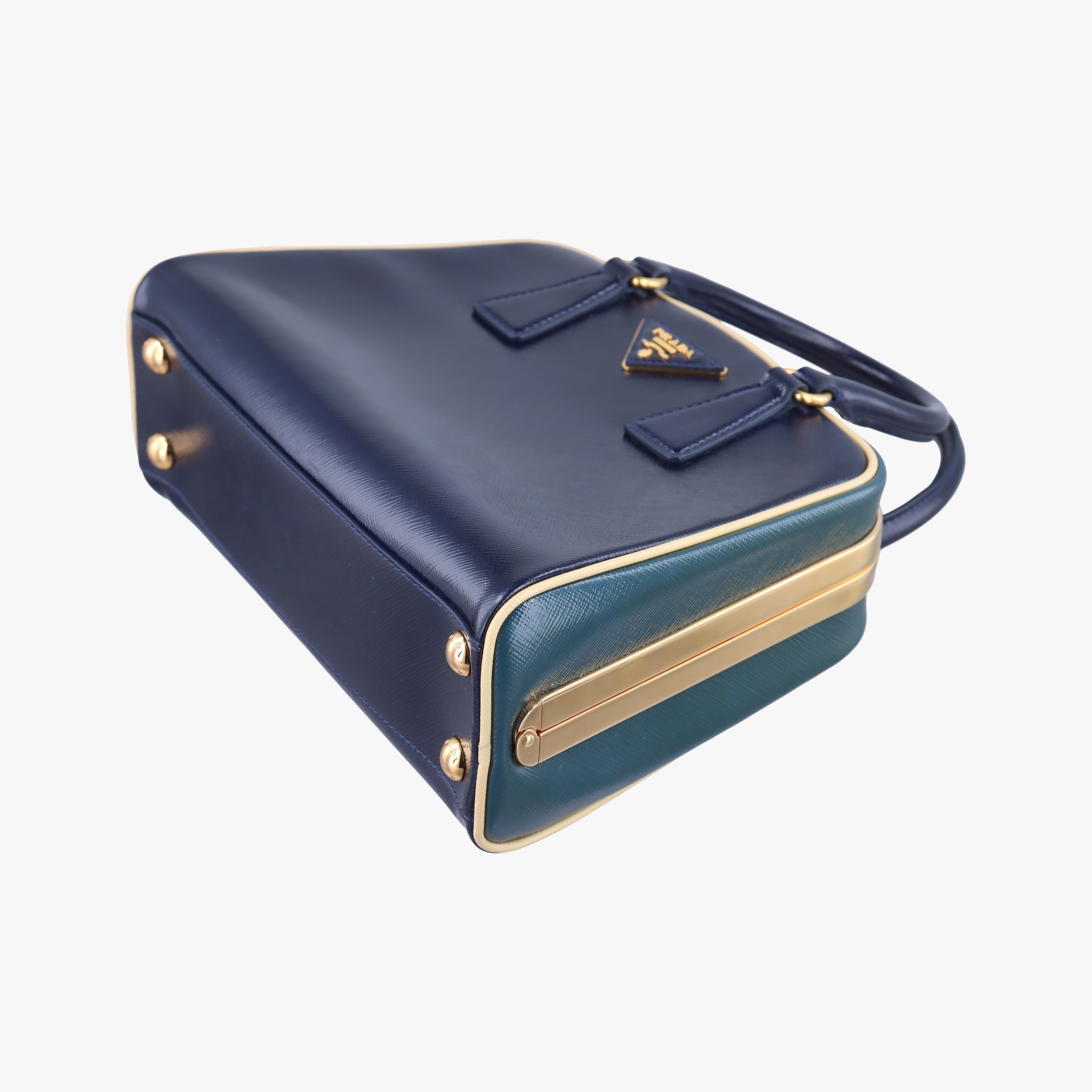 Pre-owned Prada Pyramid Navy×Green Patent  handbag | stylenewstar