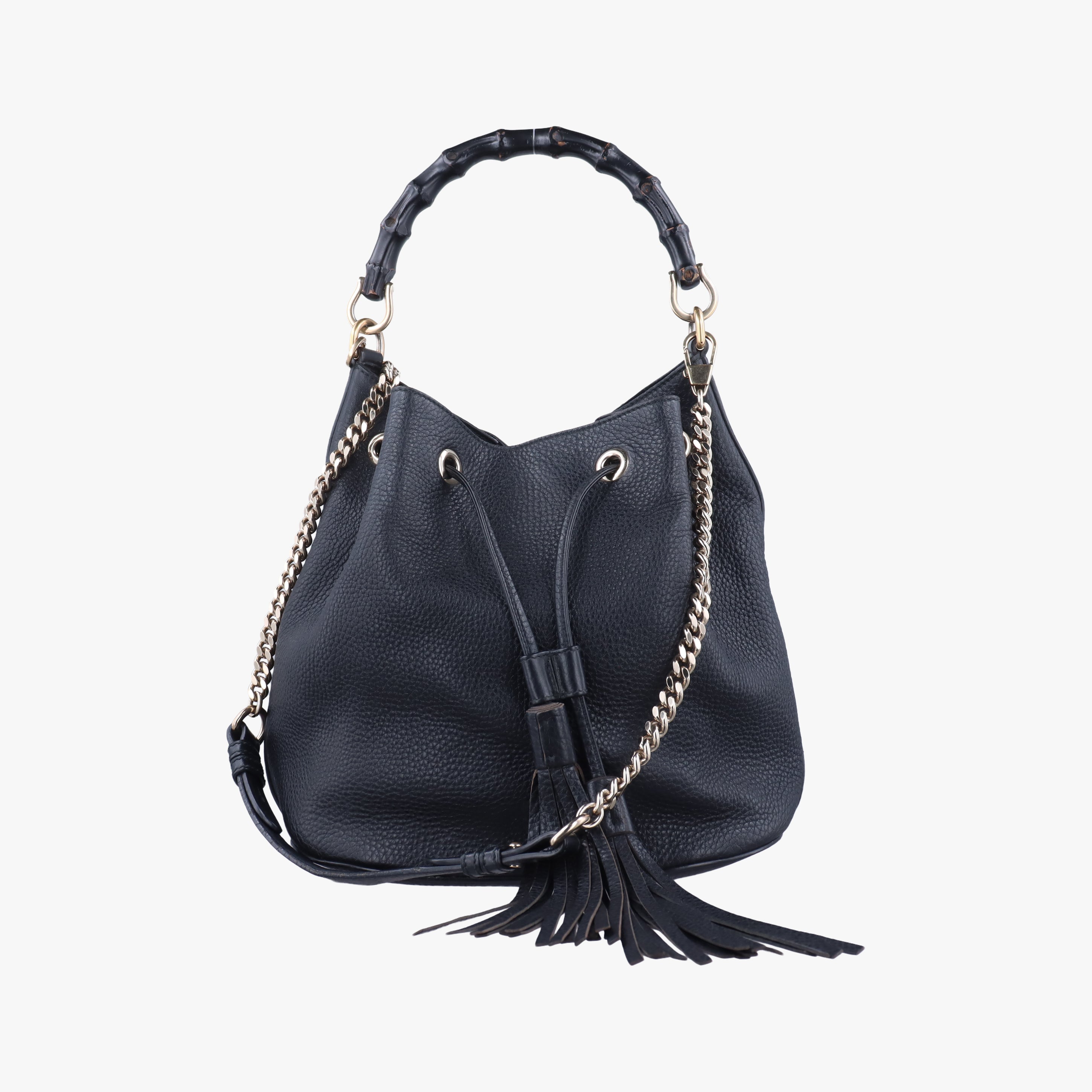 Secondhand Gucci Bamboo Fringe Tassel Bucket Black Leather 387613 shoulderbag | stylenewstar