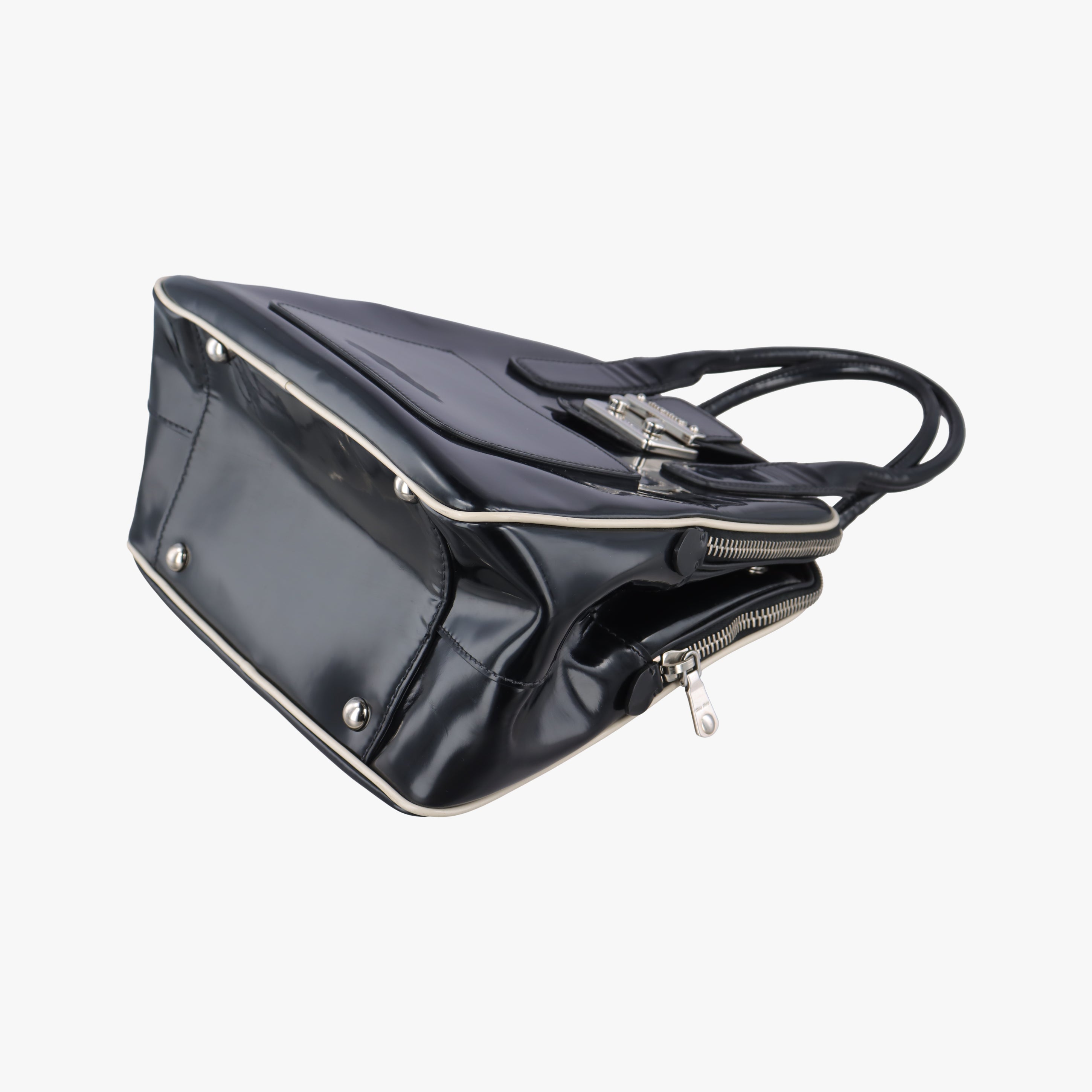 Pre-owned Miu Miu Double Zip Bowling Black patent  handbag | stylenewstar