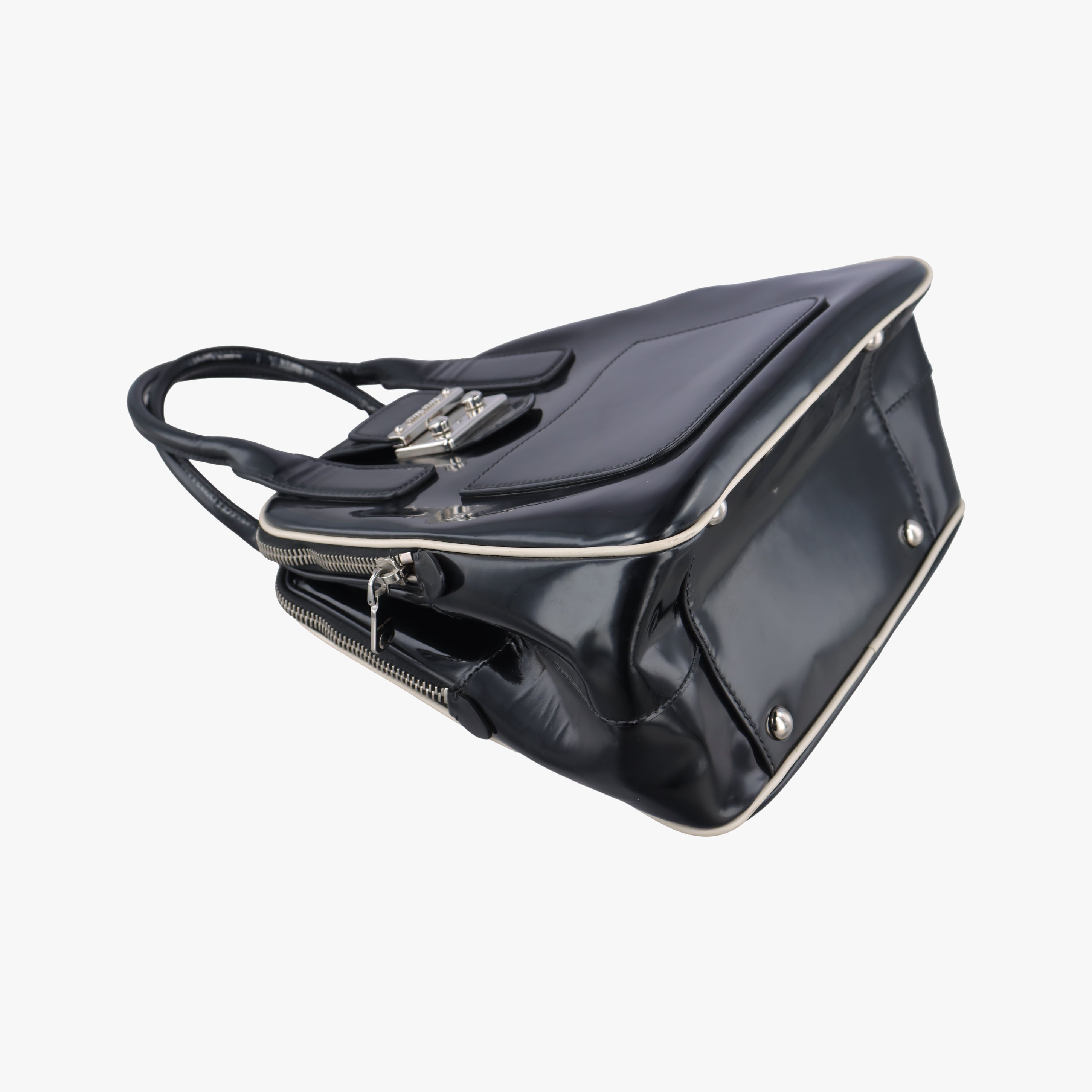 Pre-owned Miu Miu Double Zip Bowling Black patent  handbag | stylenewstar